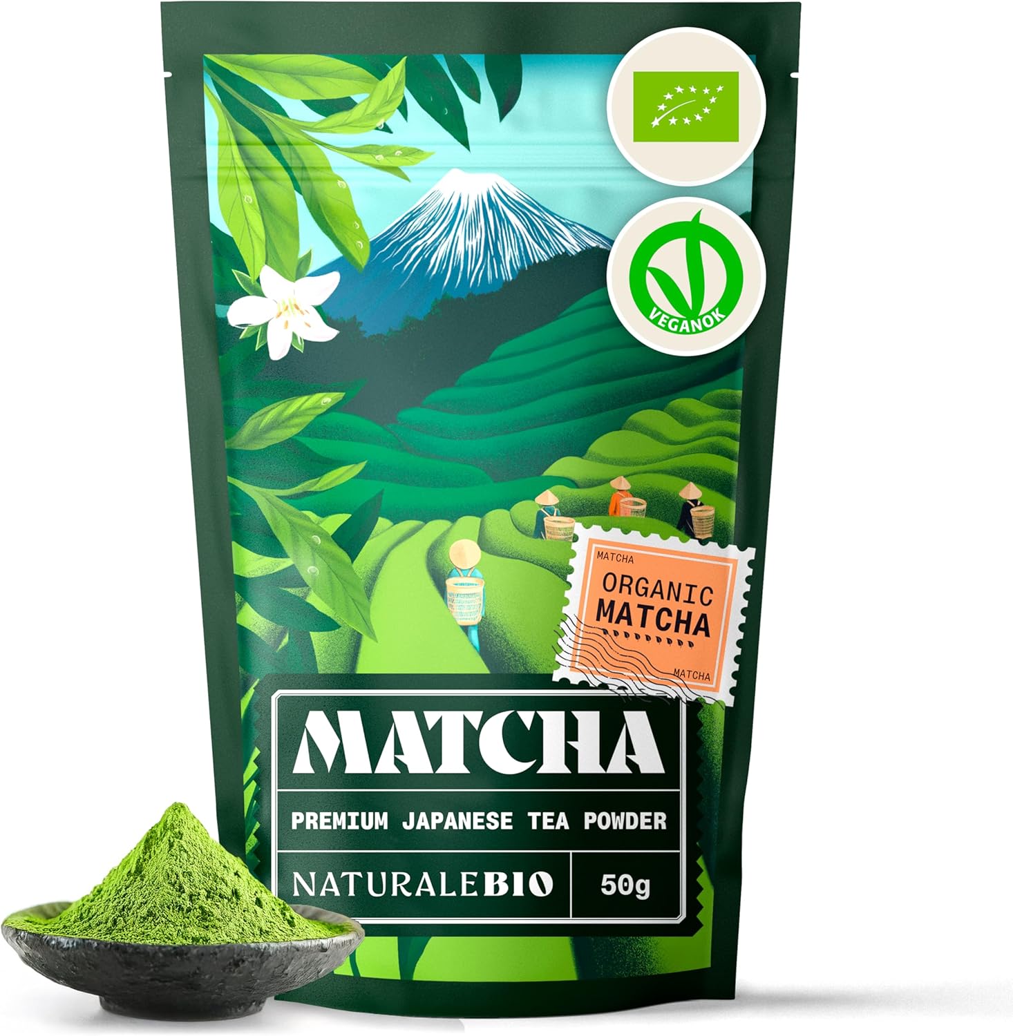 NaturaleBio Japanese Organic Matcha Green Tea Powder - Premium Grade - 50g. Tea Produced in Japan, Uji, Kyoto. Use for Drinking, Smoothie Making and with Milk. Vegan & Vegetarian Friendly