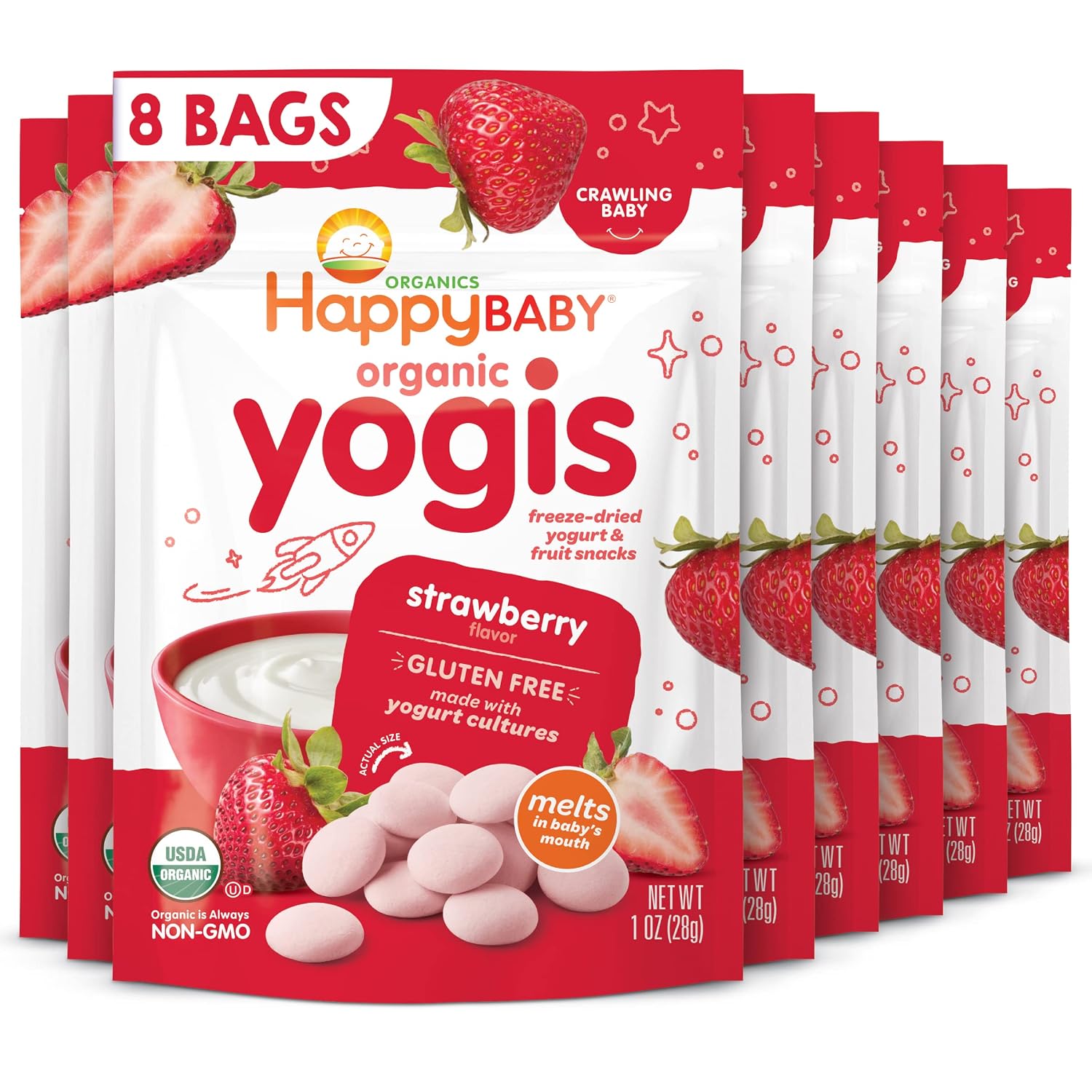 HAPPY BABY Yogis, Strawberry Yogurt Bites, 1oz Pouch (8 Pack)