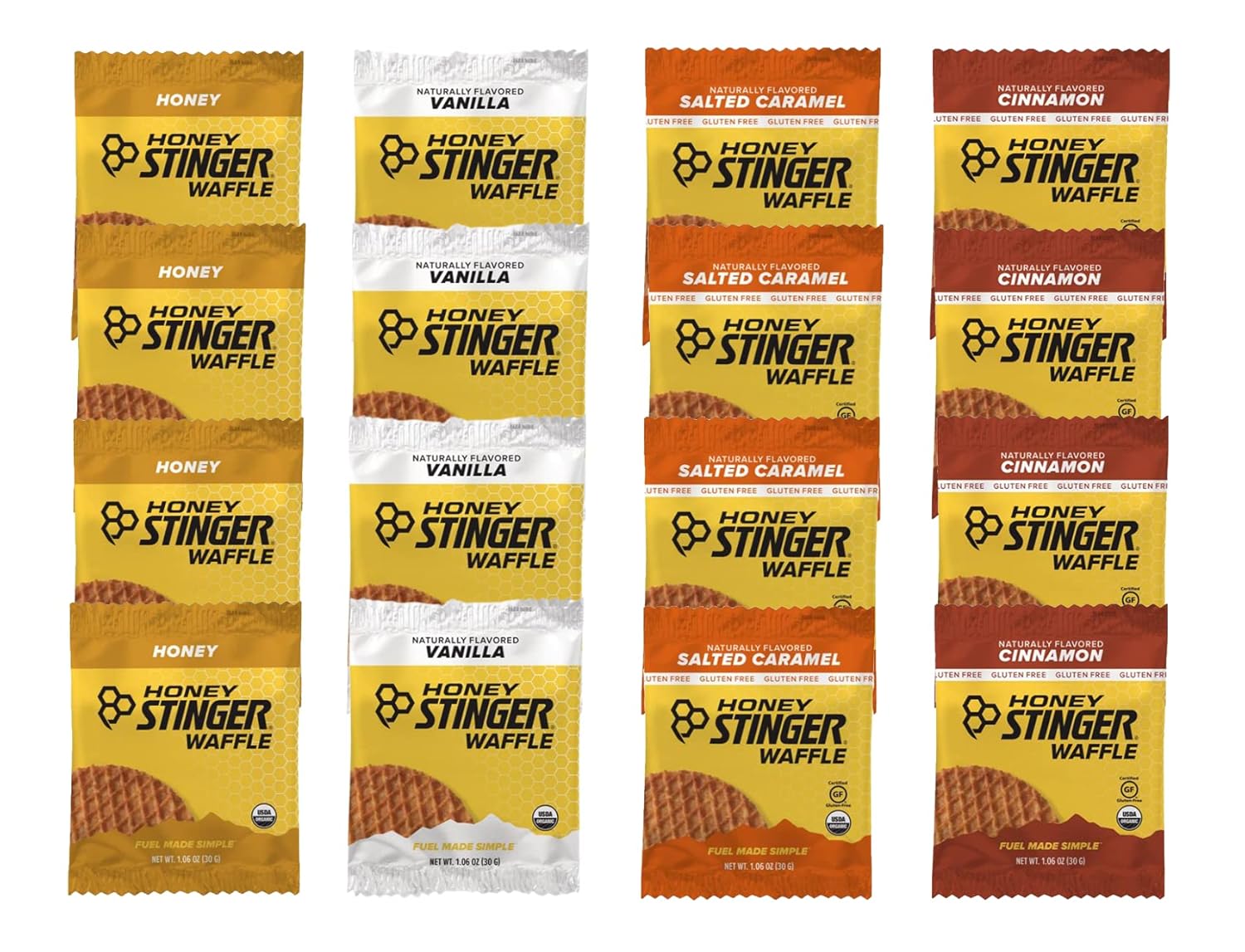 Honey Stinger Organic Waffles - Variety Pack – 16 Count – 4 of Each Flavor – Energy Source for Any Activity – Honey, Vanilla, Salted Caramel and Cinnamon – in Original Bee The Bear Box
