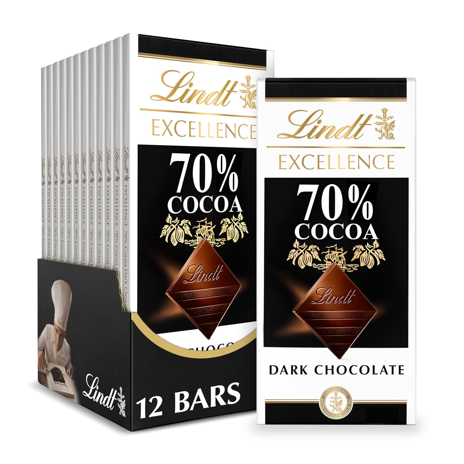 Lindt EXCELLENCE 70% Cocoa Dark Chocolate Candy Bar, 3.5 oz., 12 Pack