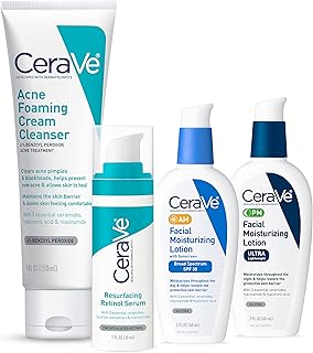 CeraVe Acne Skin Care Set, 5oz Acne Foaming Cream Cleanser + 1oz Resurfacing Retinol Serum + 2oz AM Facial Moisturizing Lotion with SPF 30 + 2oz PM Facial Moisturizing Lotion