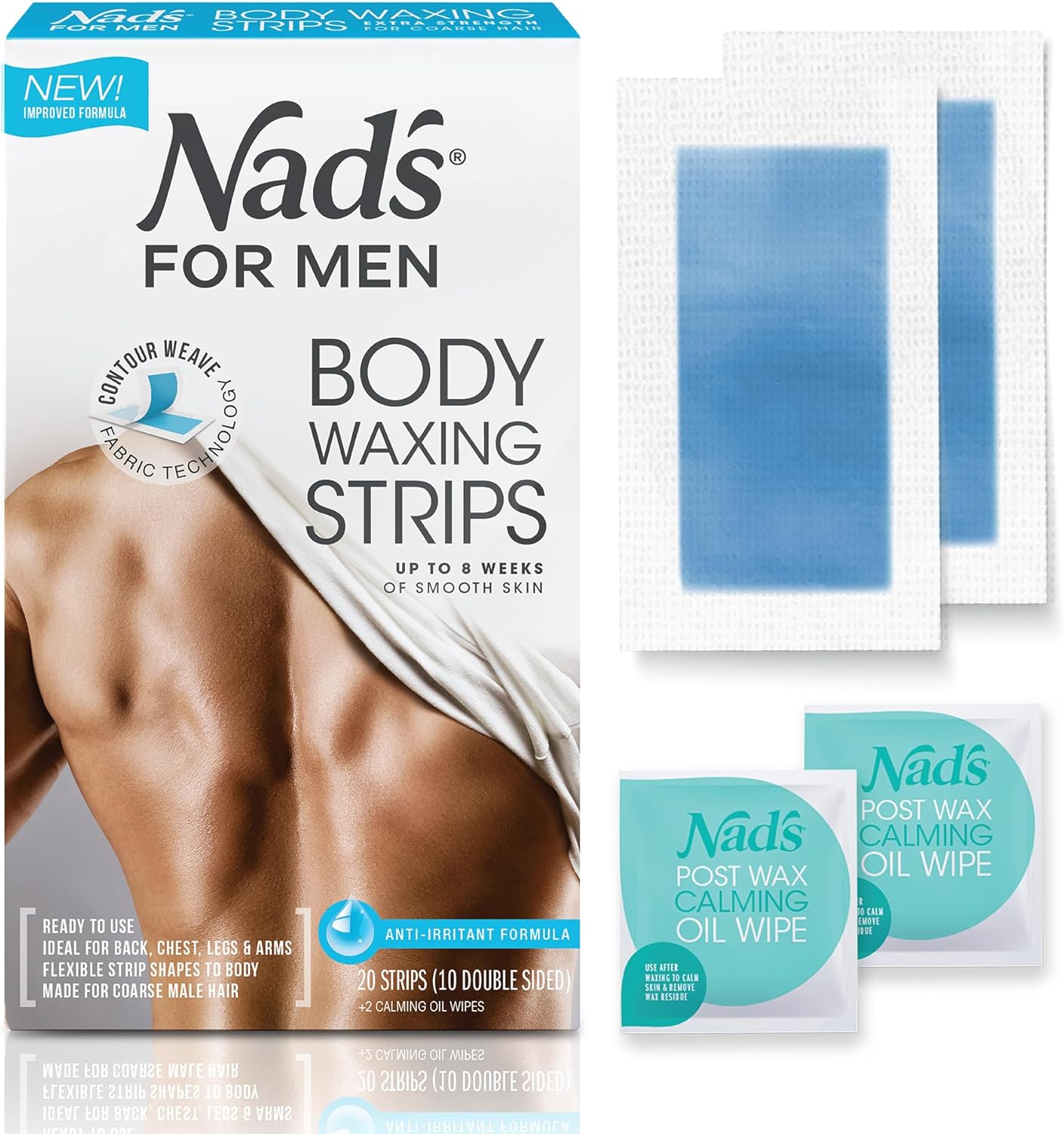 Nad's For Men Ready to Use Body Wax Strips, Wax Strips Men, Mens Hair Removal, Includes 20 Waxing Strips & 2 Post Wax Calming Oil Wipes, 20 Count (Pack of 1)