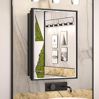 Keonjinn 17" x 25" Black Medicine Cabinets for Bathroom with Mirror Recessed or Surface Wall-Mounted Aluminum Alloy Framed Beveled Mirror, Single Door Metal Bathroom Vanity Mirror with Storage Cabinet