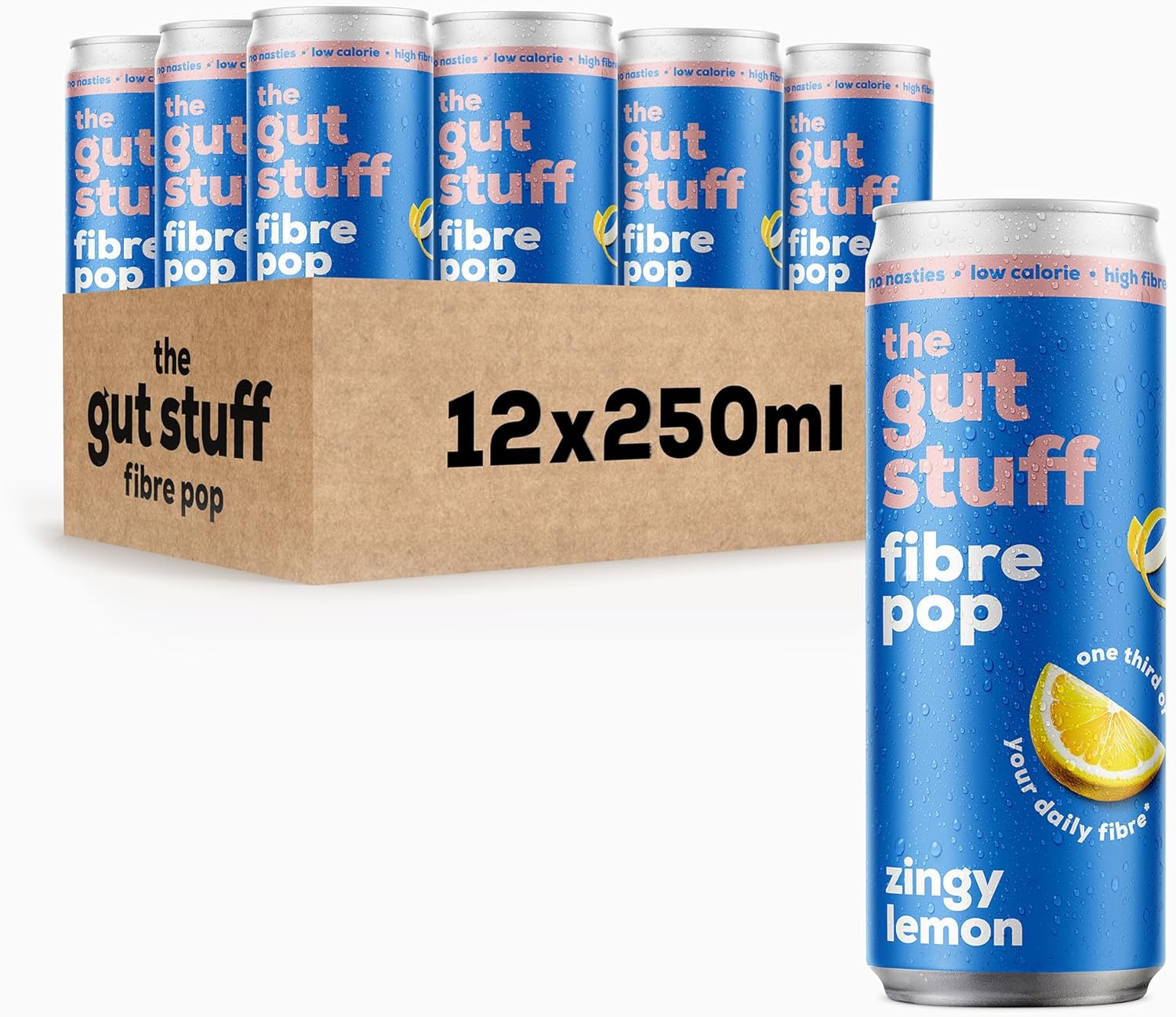 The Gut Stuff - High Fibre Fizzy Pop - Gut Friendly Prebiotic Soda, Low Calorie, No Nasties or Sweeteners - High Fibre Drinks - 12x250ml box