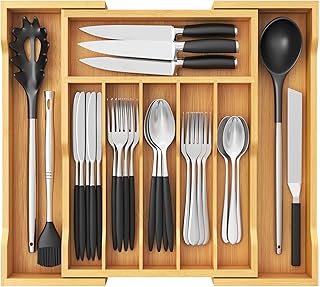 Lifewit Silverware Drawer Organizer, Expandable Utensil Tray for Kitchen, Bamboo Flatware and Cutlery Holder, Wood Adjustable Storage for Spoons Forks Knives, Large, Natural