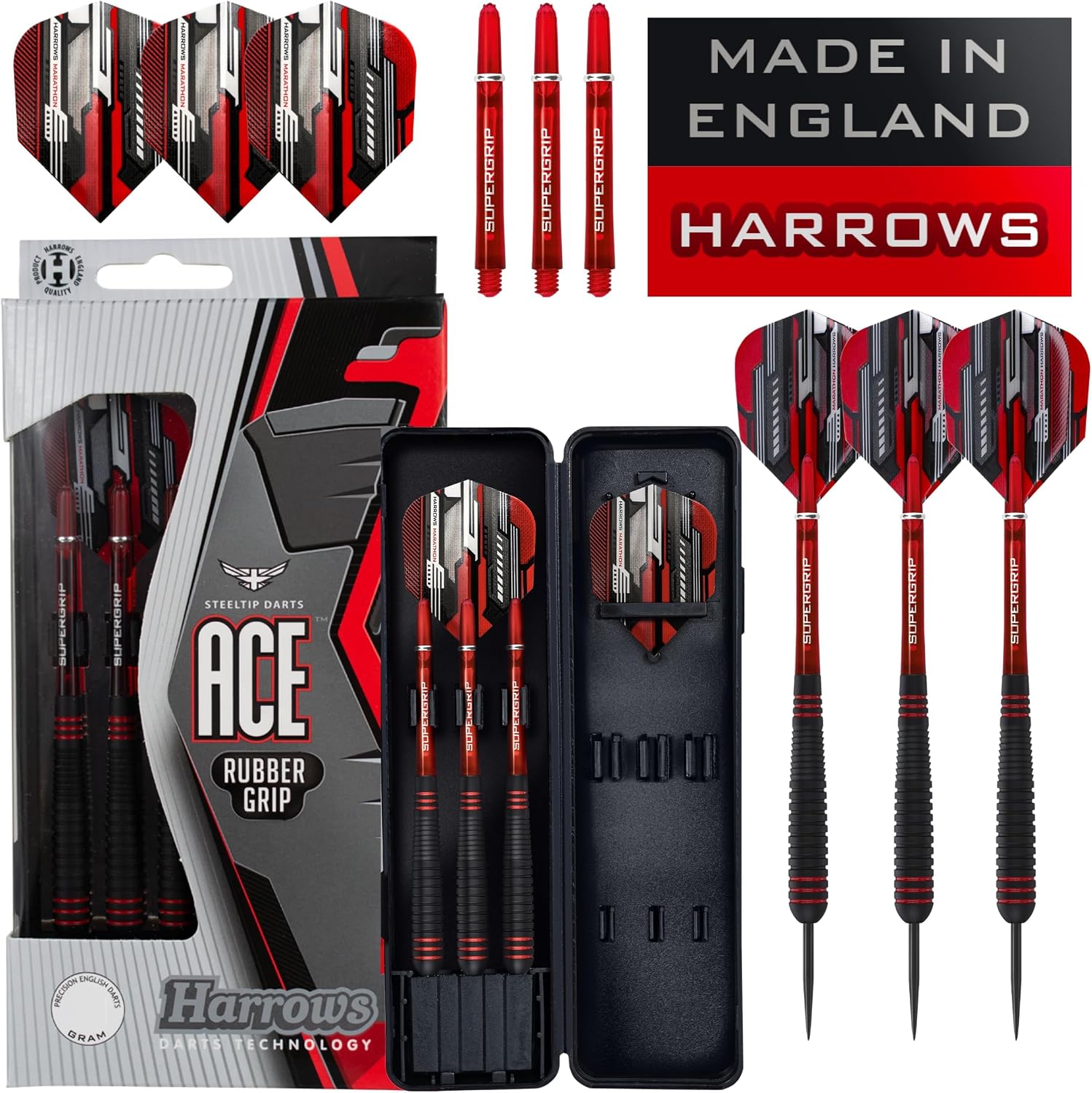 Harrows Ace Rubber Brass Steel Tip Darts Set Available in 20g, 22g, 24g & 26g - Includes Supergrip Shafts, Micron Marathon Flights & Convenient Travel Case