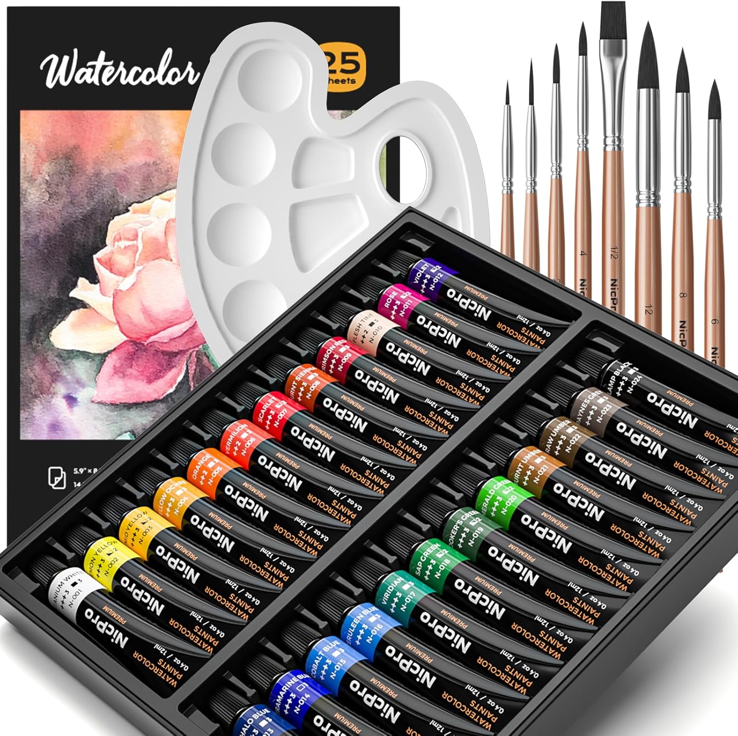 Nicpro Watercolour Paint Kit, Professional Painting Supplies Set 24 Tube Water Color Paints, 8 Synthetic Squirrel Brushes, 25 Paper Pad, Palette, Color Wheel for Artists, Beginners, Kids, Adults
