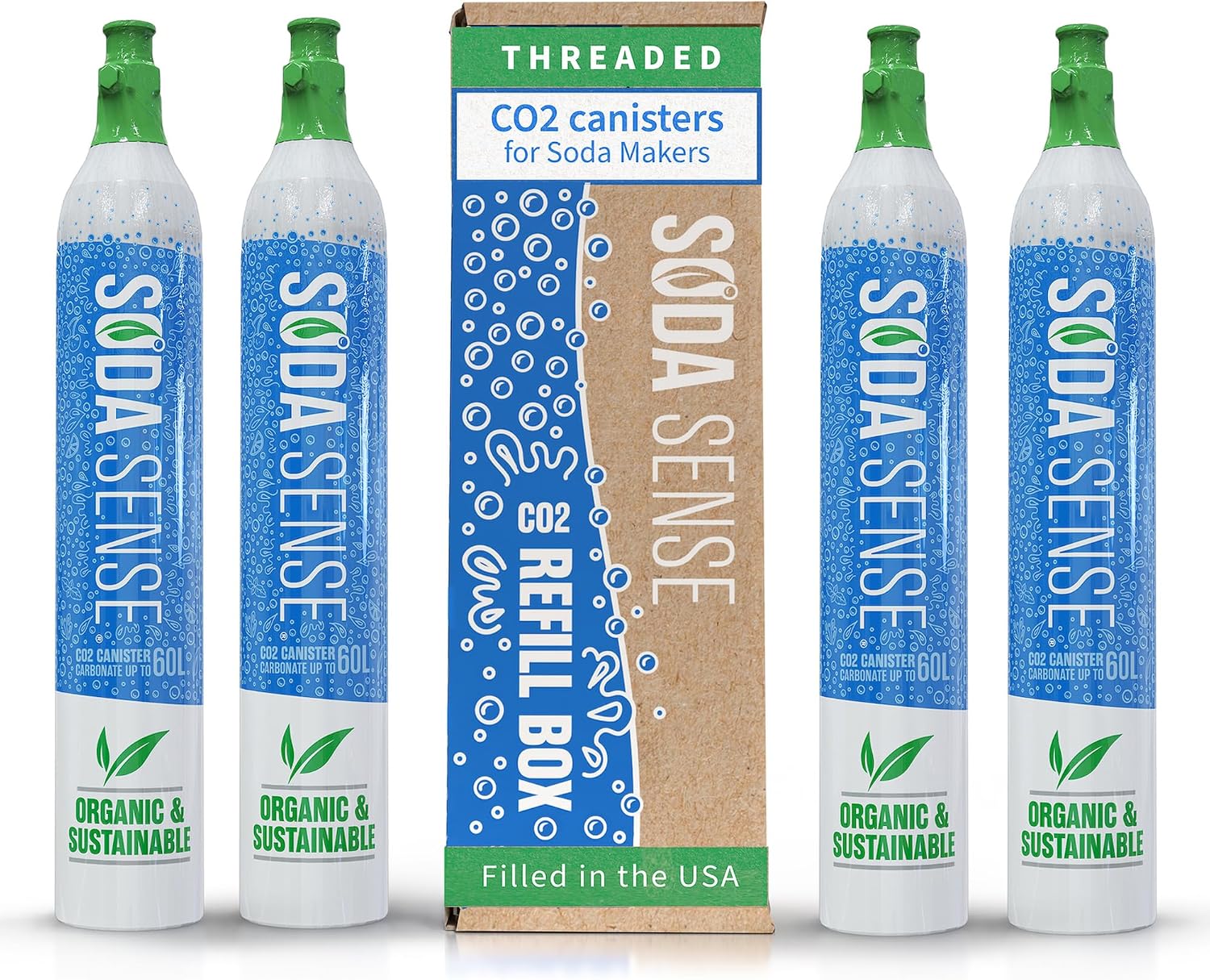 Soda Sense 60L CO2 Cylinders 4 Pack Threaded Canisters Compatible with SodaStream BLUE Cylinder Models Ninja Thirsti Philips and Other Screw-In Soda Makers
