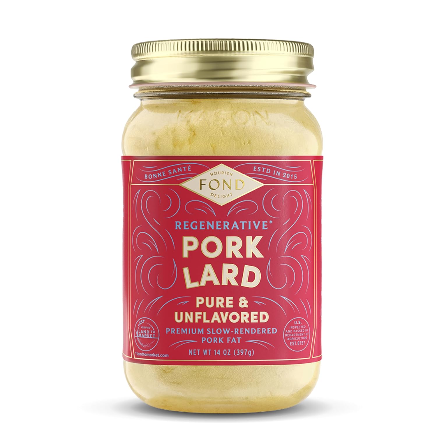 FOND Regenerative Leaf Pork Lard, Pure & Unflavored, 14oz | High smoke point, seed oil free, sustainably sourced, rendered fat ideal for frying, sauteing and roasting