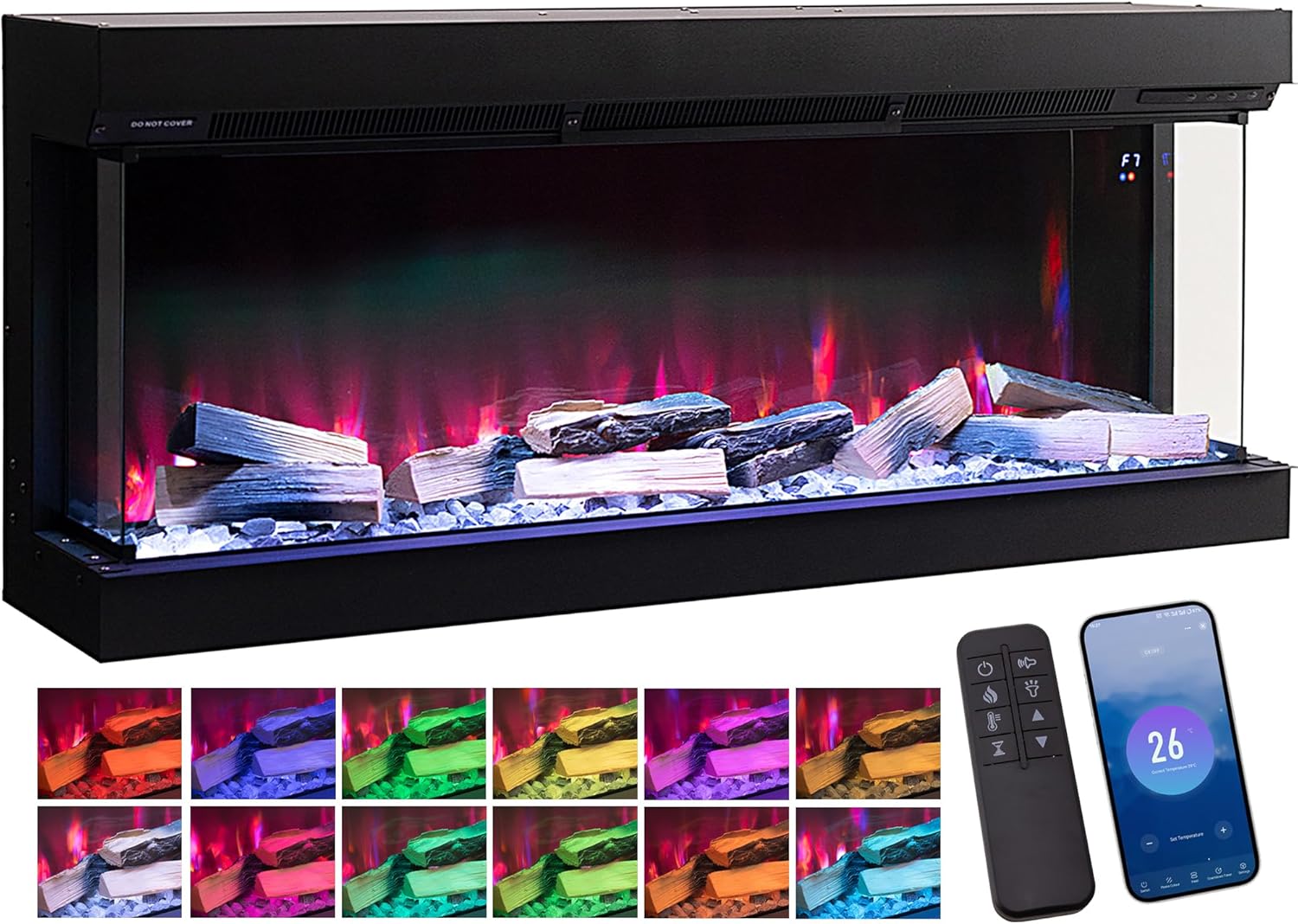 INMOZATA Electric Fire 70inch/180cm 3D Media Wall Fireplace, Multi Flame Colors&Bottom Lights&Top Lights Available, Sound Effects, APP Control, 7day Programmable