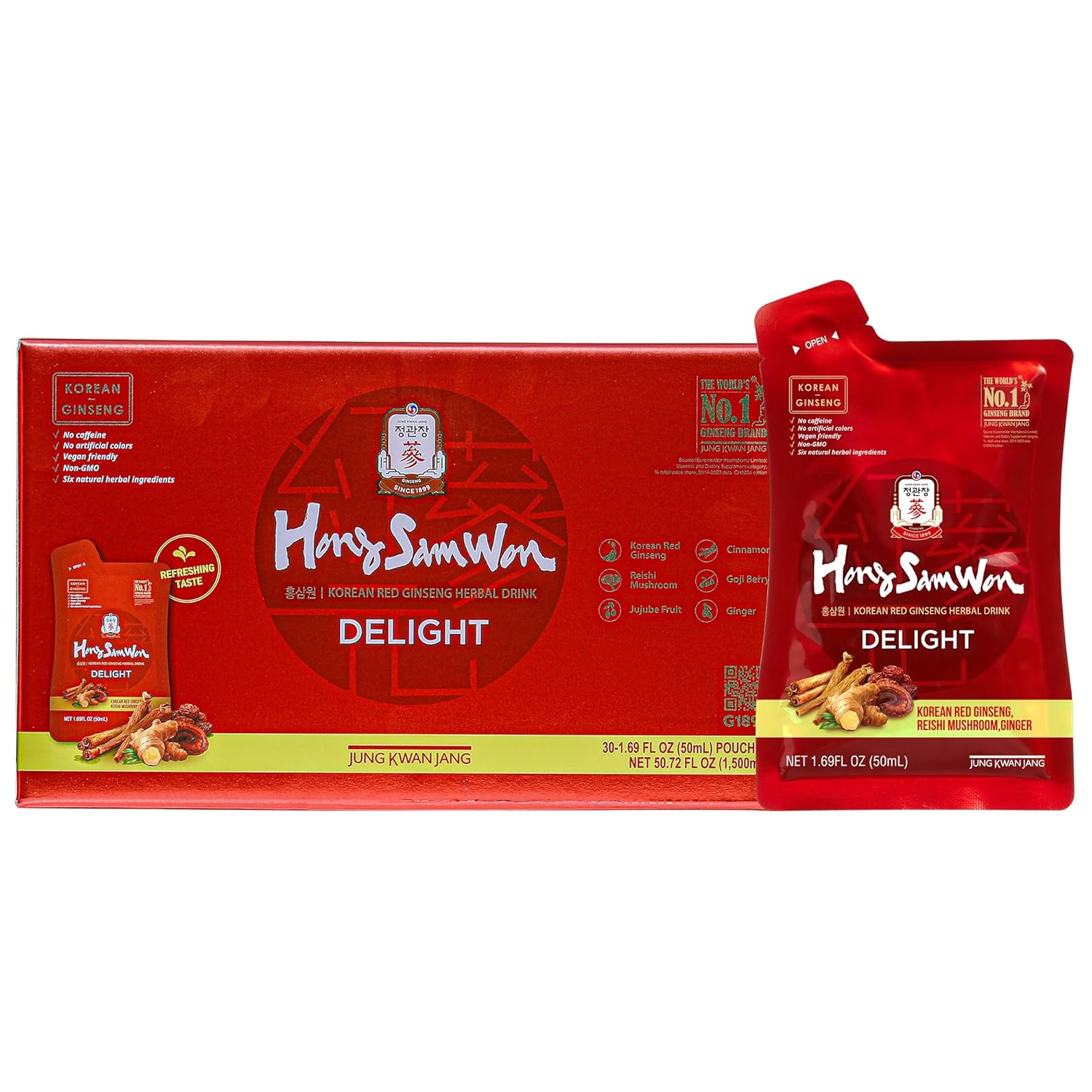 JUNG KWAN JANG Hong Sam Won Delight - Korean Red Ginseng Tea Herbal Energy Drink with Lime, Jujube, Ginger, 3 Vitamins & 9 Amino Acids - No Caffeine, No Calories, No Sugar (30 Pouches, 1.69 fl oz)