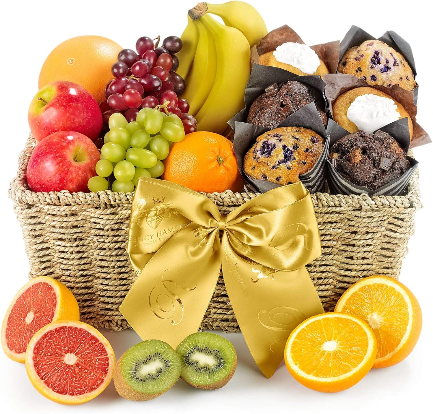 Fresh Fruit and Muffin Hamper - Gourmet Muffin Gift Basket with Grapes, Apples, Oranges and Tulip Cakes - Healthy Snack Gift Set for Birthdays and Celebrations, from Regency Hampers