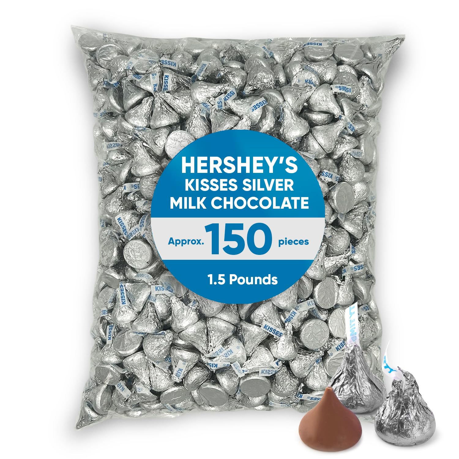 Hershys Kisses Silver Foiled Classic Milk Chocolate - 1.5 Pounds approx 150 pieces of Chocolate Candy Individually Wrapped - Ideal for Snacking and Sharing wit Family & Friends - Halloween Candy, Bulk Candy Individually Wrapped, Chocolate Candy Ideal for Parties & Gifting