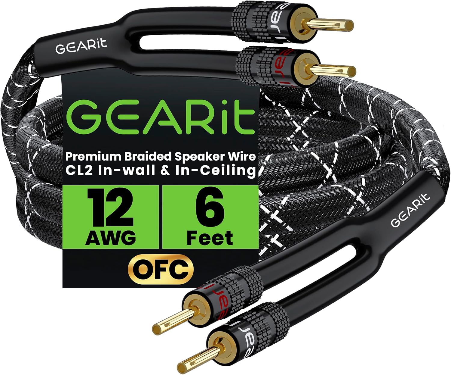 GEARit 12 Gauge Speaker Wire Banana Plugs CL2 Rated in-Wall 6 Feet Black