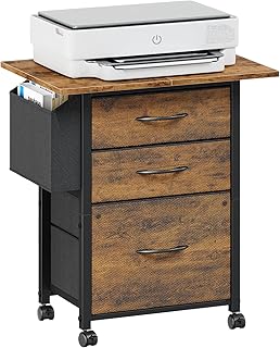 3 Drawer File Cabinet with 22'' Extended Shelf, Mobile Filing Cabinet Fits A4/Letter Files, Rolling File Cabinet Home Office with Side Bag, Printer Stand, Fabric Drawer, Rustic Brown