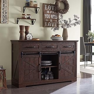 Farmhouse Buffet Cabinet, 53” Sideboard Cabinet w/3 Drawer, Rustic Storage Cabinet w/Sliding Barn Door, Coffee Bar Cabinet for Dinning Room, Kitchen, Hallway, and Living Room, Brown