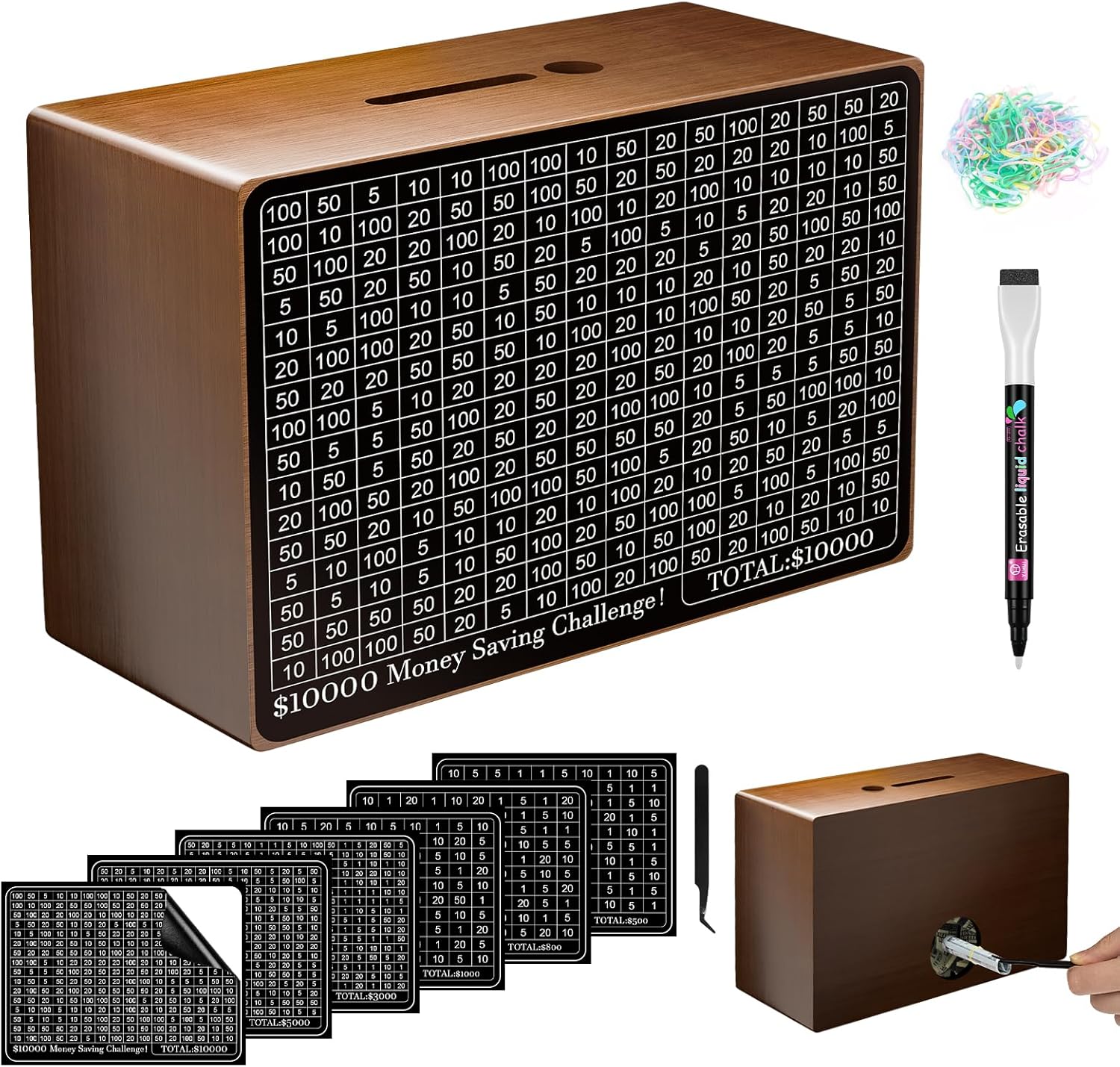 Wooden Money Saving Box, Cash Savings Box for $10000 $5000 $3000 $1000 $800 $500 Target Money Saving Challenge, Money Box with Counter/Dry Erase Pen/Savings Trackers/Rubber Band-Brown