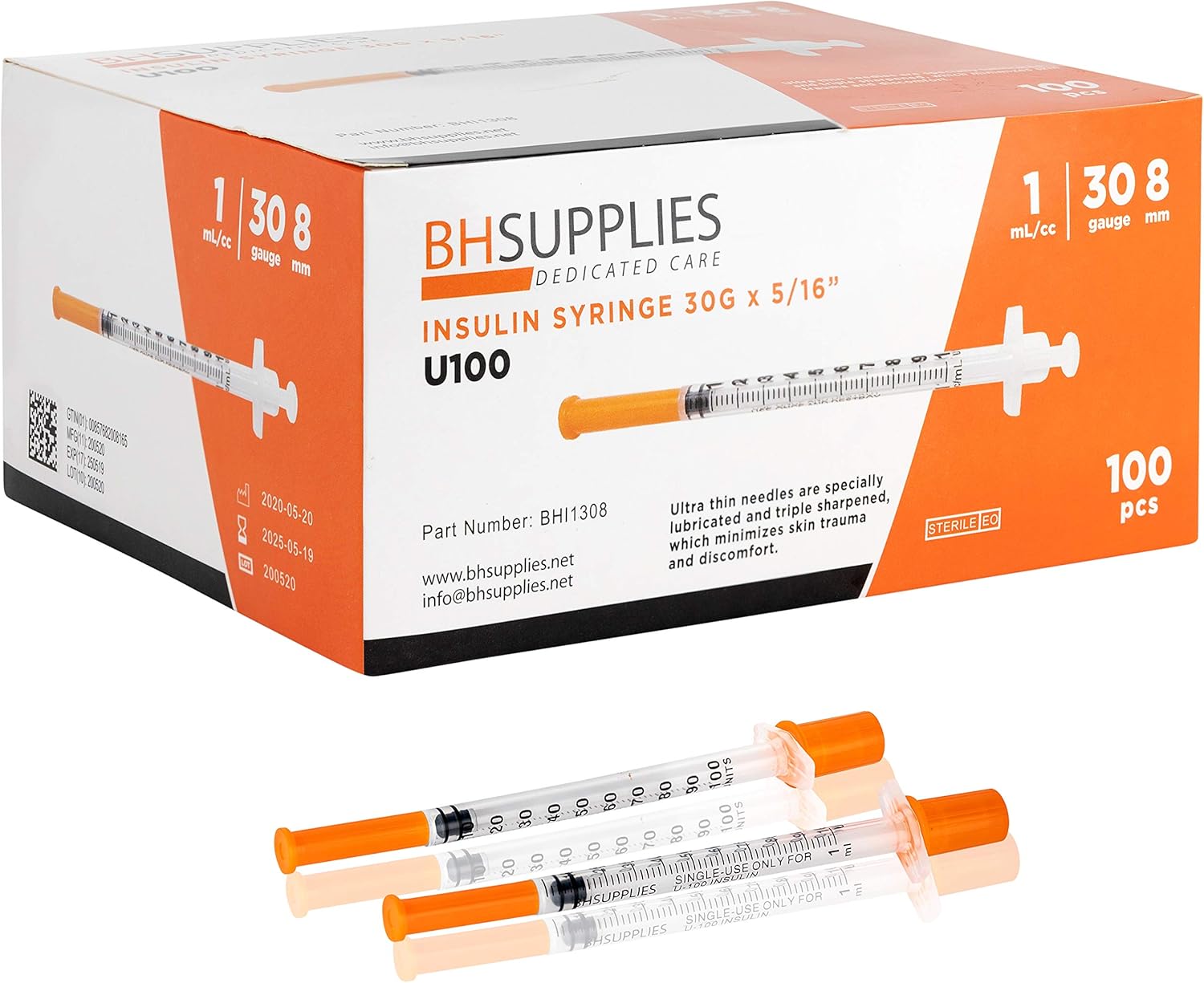 BH Supplies Insulin Syringes U-100 30G 1ml/cc 5/16" (8mm) Pack of 100 Pcs