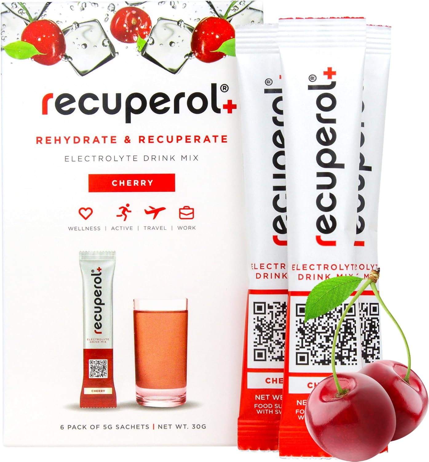 Recuperol Rehydration & Recovery Electrolytes Powder Supplement for Dehydration, 6 Sachets, Replace Mineral Salts & Fluids, Zinc, Vitamin C, B12, D3, Potassium, Natural Cherry Flavour