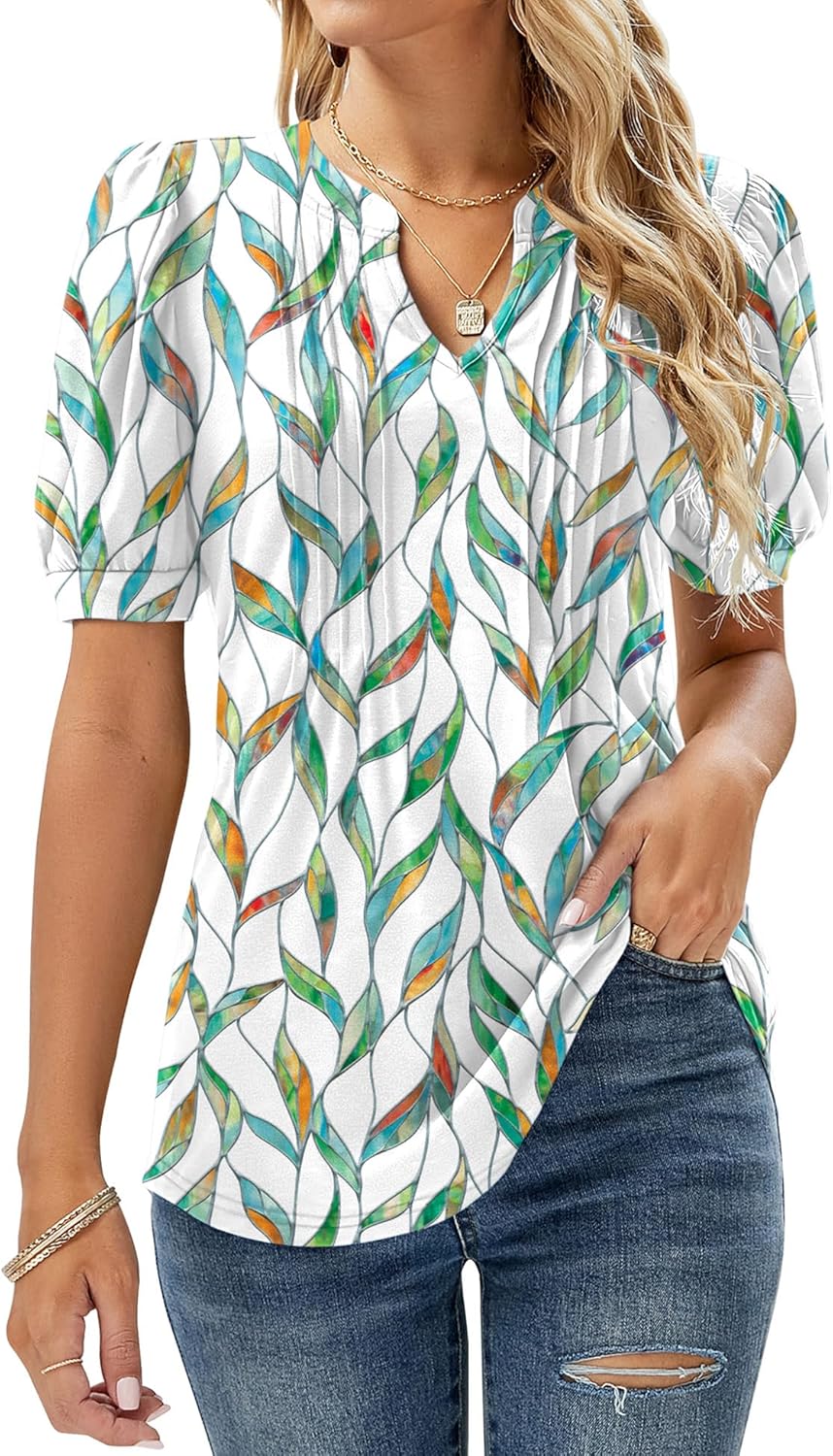 EFFAN Womens V Neck Tops Puff Short Sleeve T-Shirt Pleated Floral Printed Tunic Blouse Shirts