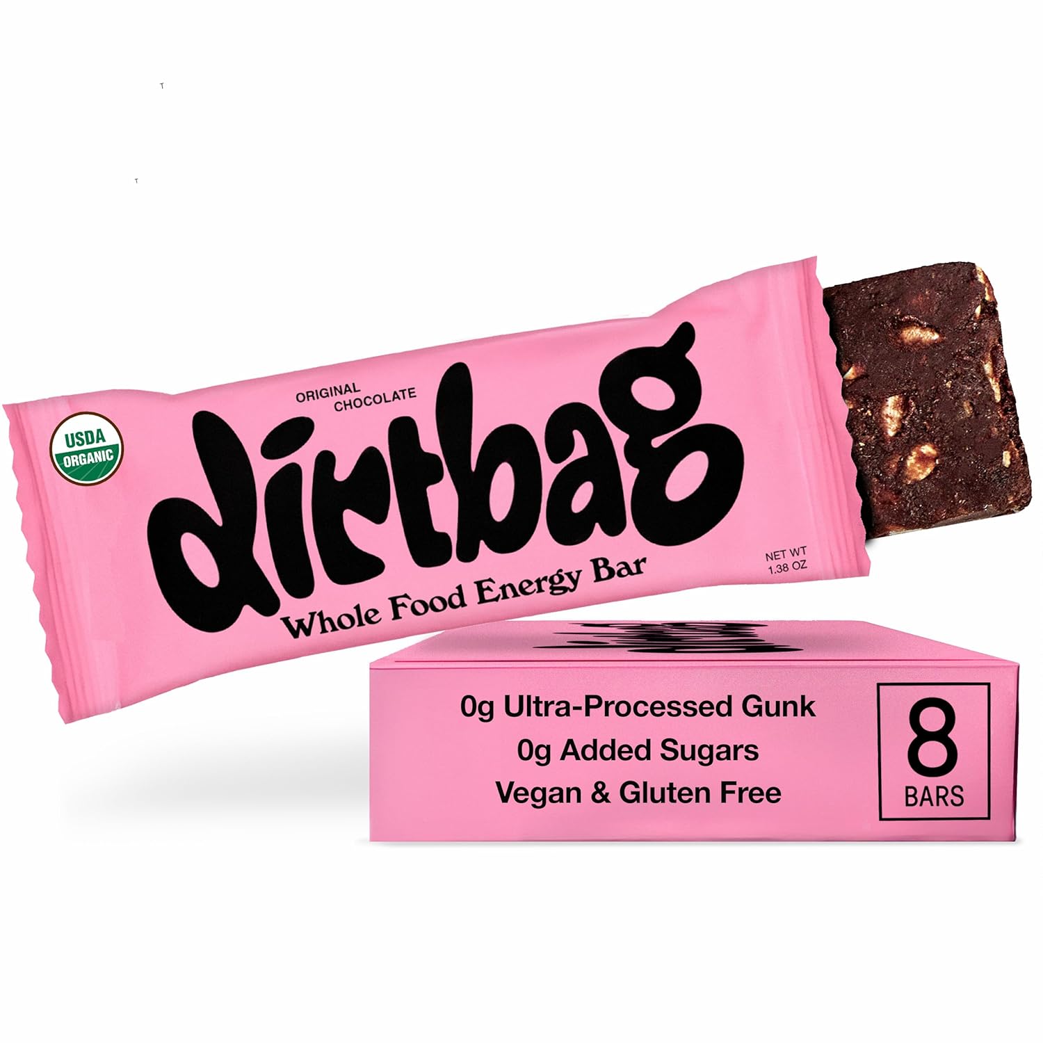 Dirtbag Bar, Organic Whole Food Energy Bar, Original Chocolate, 8 Pack, Dates, Oats, Nuts, Chocolate, NO Ultra-Processed Gunk, NO Added Sugars, Vegan, Gluten Free, Energy for Everyday Endurance