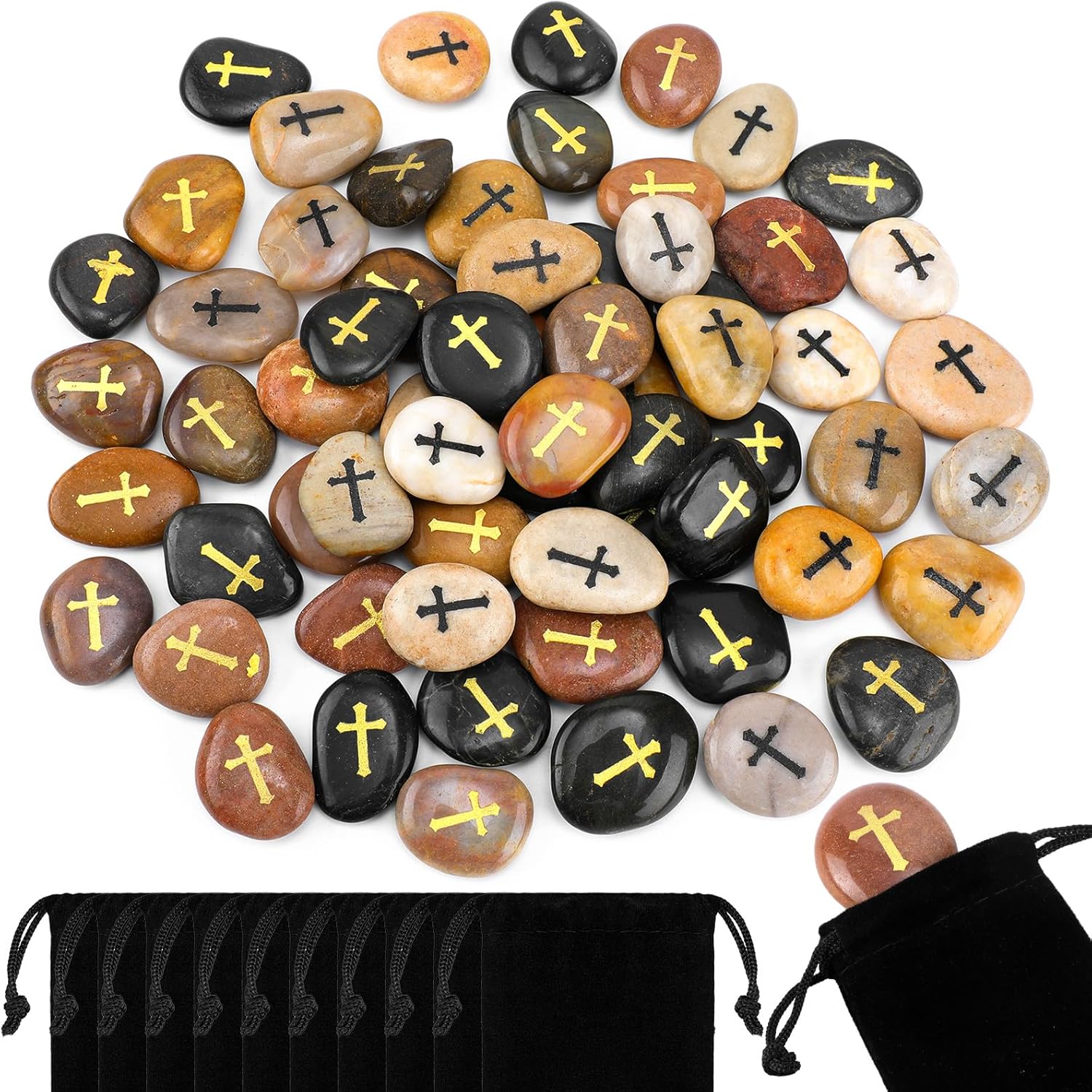 Nuanchu 72 Set Cross Engraved Stones Bulk with Velvet Bags Prayer Faith Rocks Polished River Pebble Inspirational Rocks Easter Religious Gifts for Baptism Christening Holy Communion Gift, 1-2 Inch