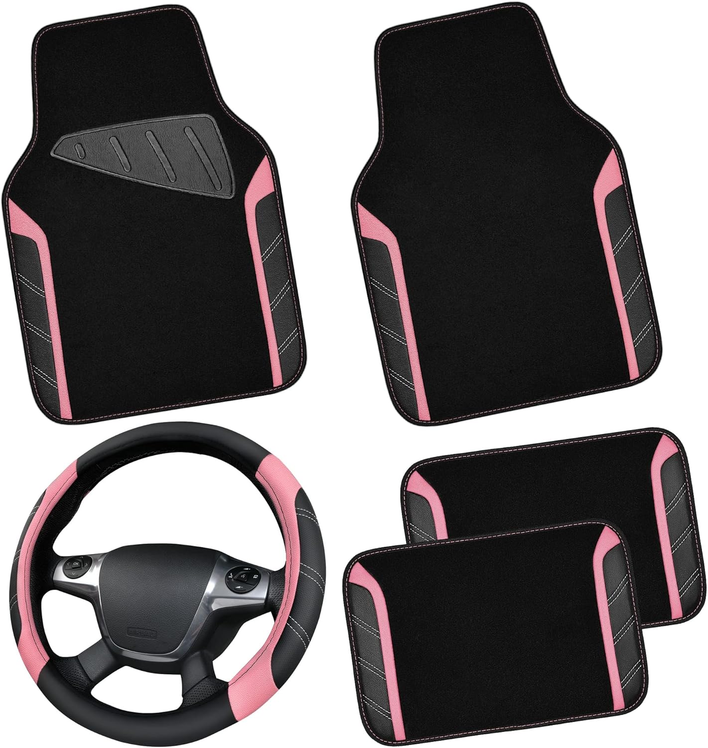 CAR PASS Microfiber Steering Wheel Cover and Waterproof Car Floor Mats,Leather Universal Car Combo Fit for 95% Truck,SUV,Cars,14.5-15inch Sporty Anti-Slip Safety Comfortable Design(Black and Pink)