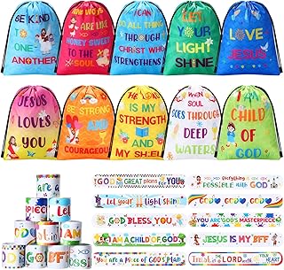 Frienda 10 Sets Bible Verse Drawstring Bags with Slap Bracelets Religious Party Favors Jesus Loves You Gifts Inspirational Motivational Christian Bags Wristbands for Sunday School Supplies (Stylish)