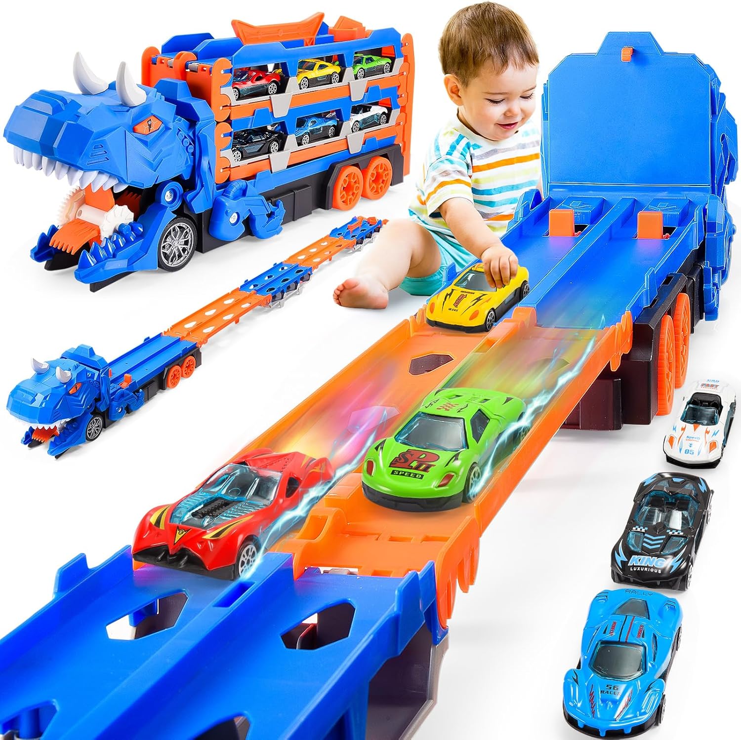 EUTOYZ Dinosaur Toys for Boys, Transport Race Truck Toy Cars for Boys Kids Age 3+, Toy for Toddlers Boy Birthday Presents Dinosaur Race Truck with 6 Cars