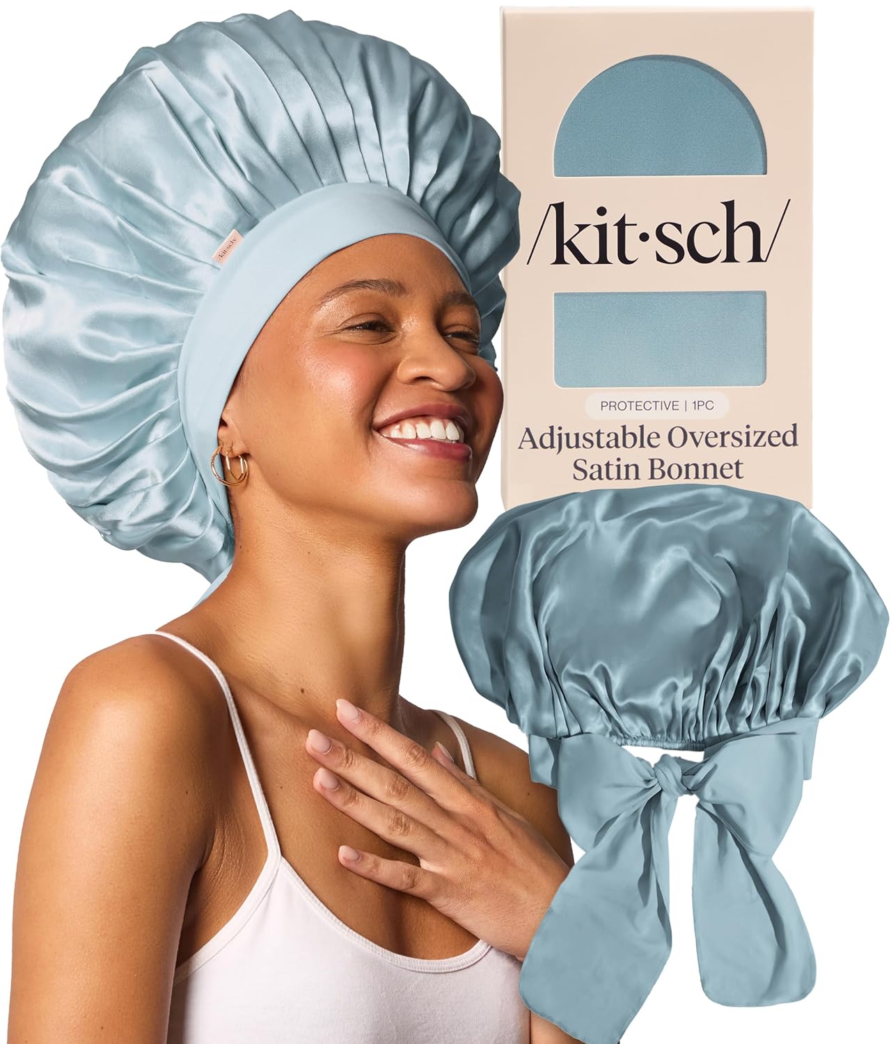 Kitsch XL Satin Bonnet for Sleeping - Softer Than Silk Bonnet For Sleeping Women - Secure Fit, Adjustable, Night Cap For Curly & Textured Hair - Prevents Breakage, Tangles & Thinning - Haze Blue