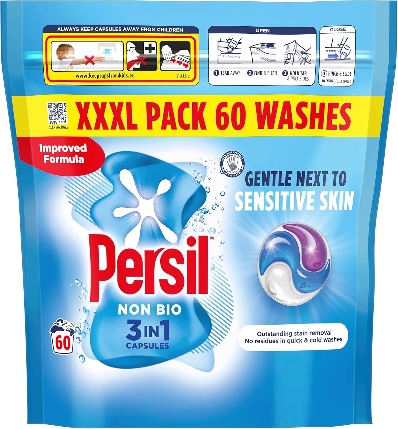 Persil Non Bio 3 in 1 Washing Capsules laundry capsules gentle next to sensitive skin for outstanding stain removal in quick & cold washes 60 washes