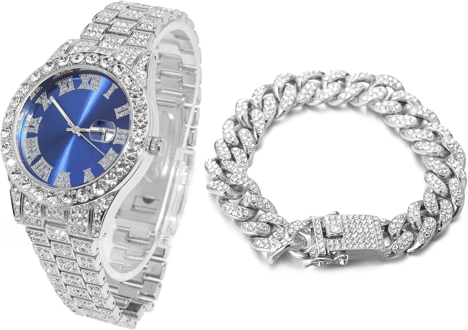 Halukakah Diamond Watch for Men - The Royal - 18K Real Gold/Platinum White Gold Plated & Handset Diamonds Iced Out,42MM Width Green/Blue/Red Dial Wristband 9.5”,Cuban Link Chain 8"+18",Comes with Giftbox