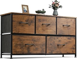 WLIVE Dresser for Bedroom with 5 Drawers, Wide Chest of Drawers, Fabric Dresser, Storage Organizer Unit with Fabric Bins for Closet, Living Room, Hallway, Rustic Brown Wood Grain Print