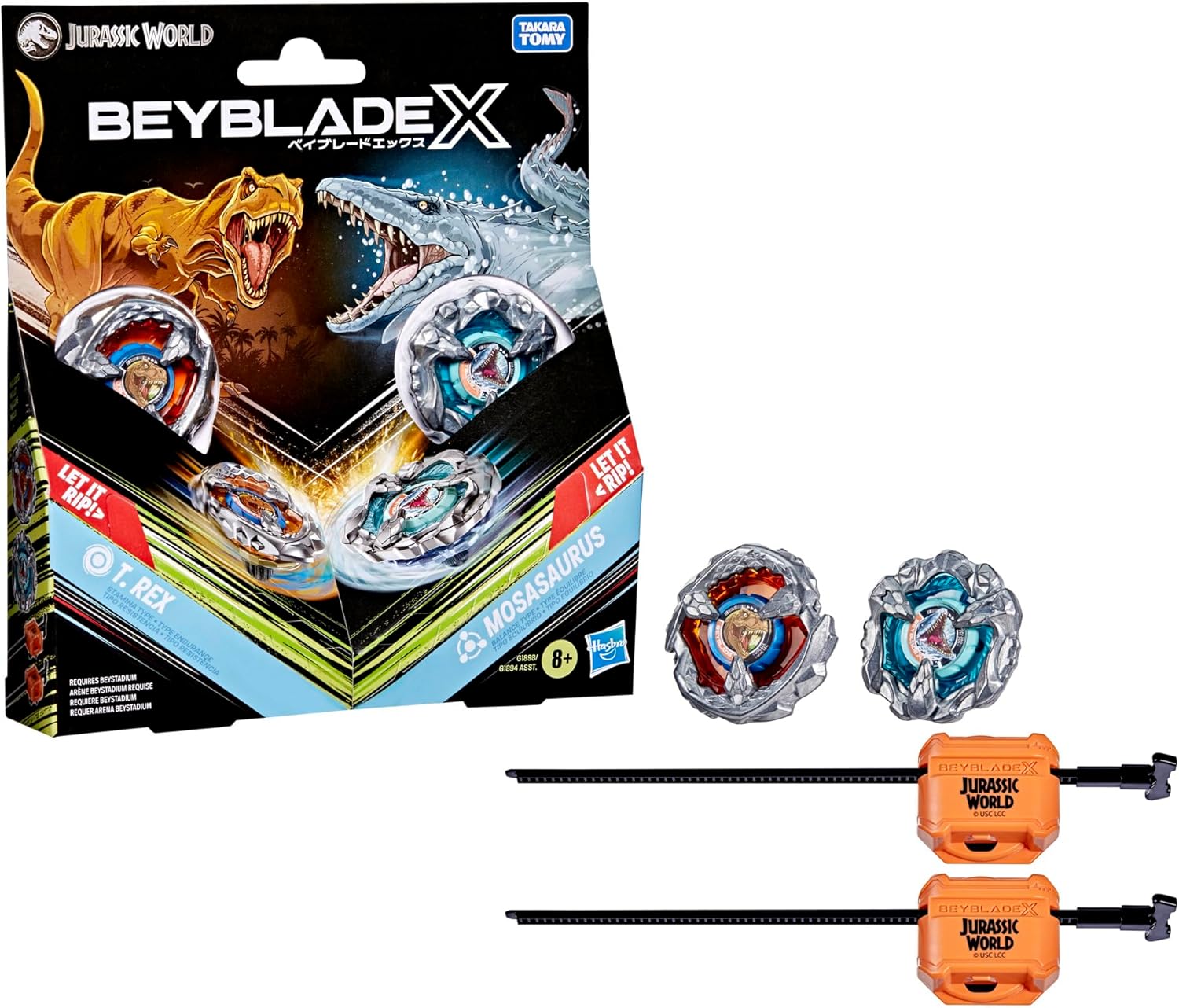 Beyblade X Jurassic World Collab T. Rex vs. Mosasaurus Multipack Set, 2 Takara Tomy Tops, 2 launchers, Battling Top Game, Dinosaur Toys, Ages 8+