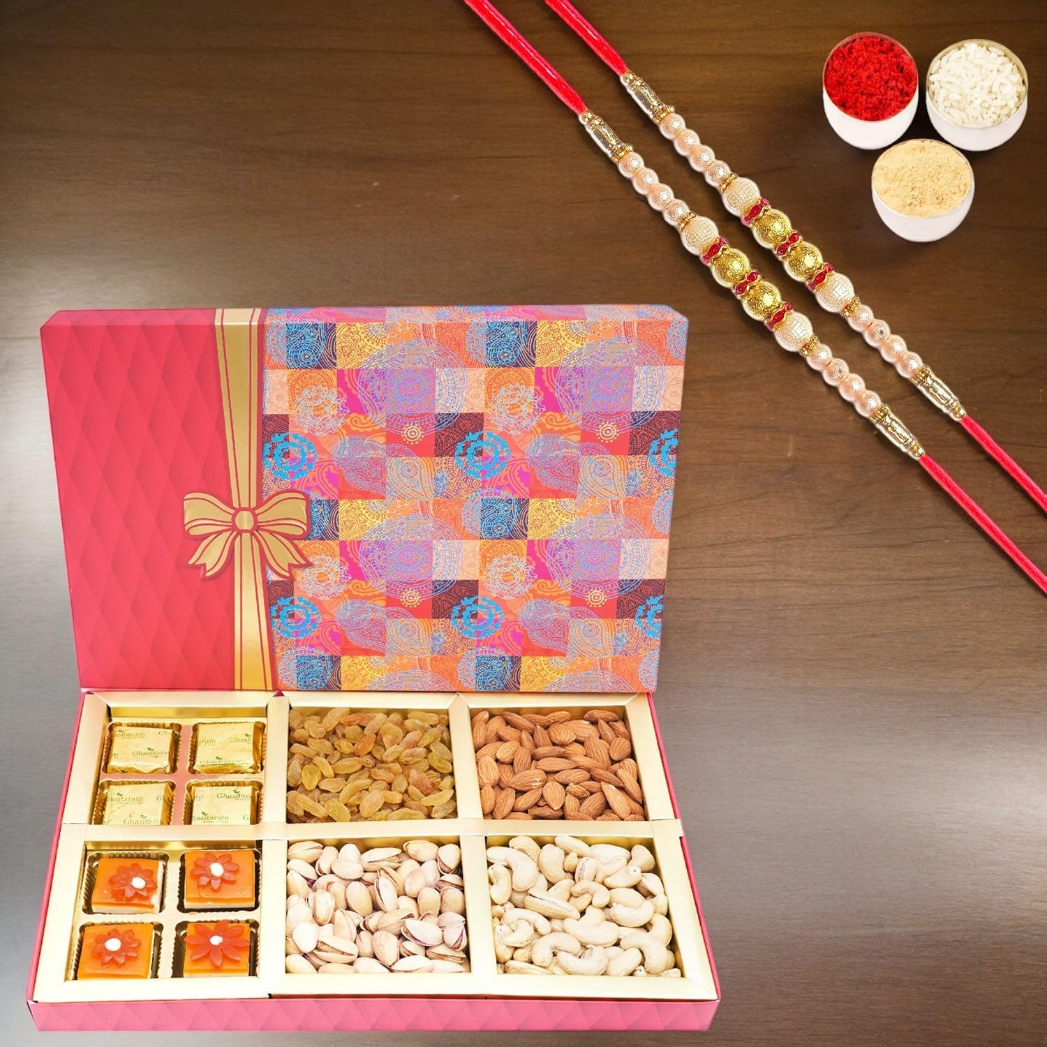Ghasitaram Gifts Rakhi Gifts for Brothers Dryfruit - Fruit n Nut Box of 4 Dryfruits, MEWA Bites and Mango Bites with 2 Pearl Rakhis