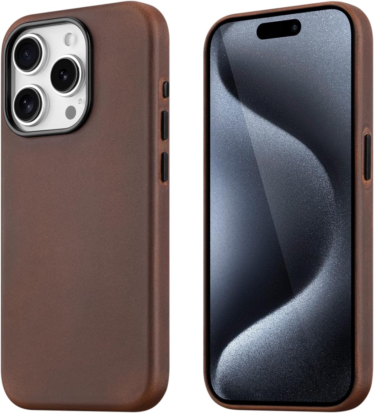 maogoam for iPhone 15 Pro Case Leather, Genuine Crazy Horse Leather Case for iPhone 15 Pro,Compatible with MagSafe, Indiana-Jones Style, Dark Brown