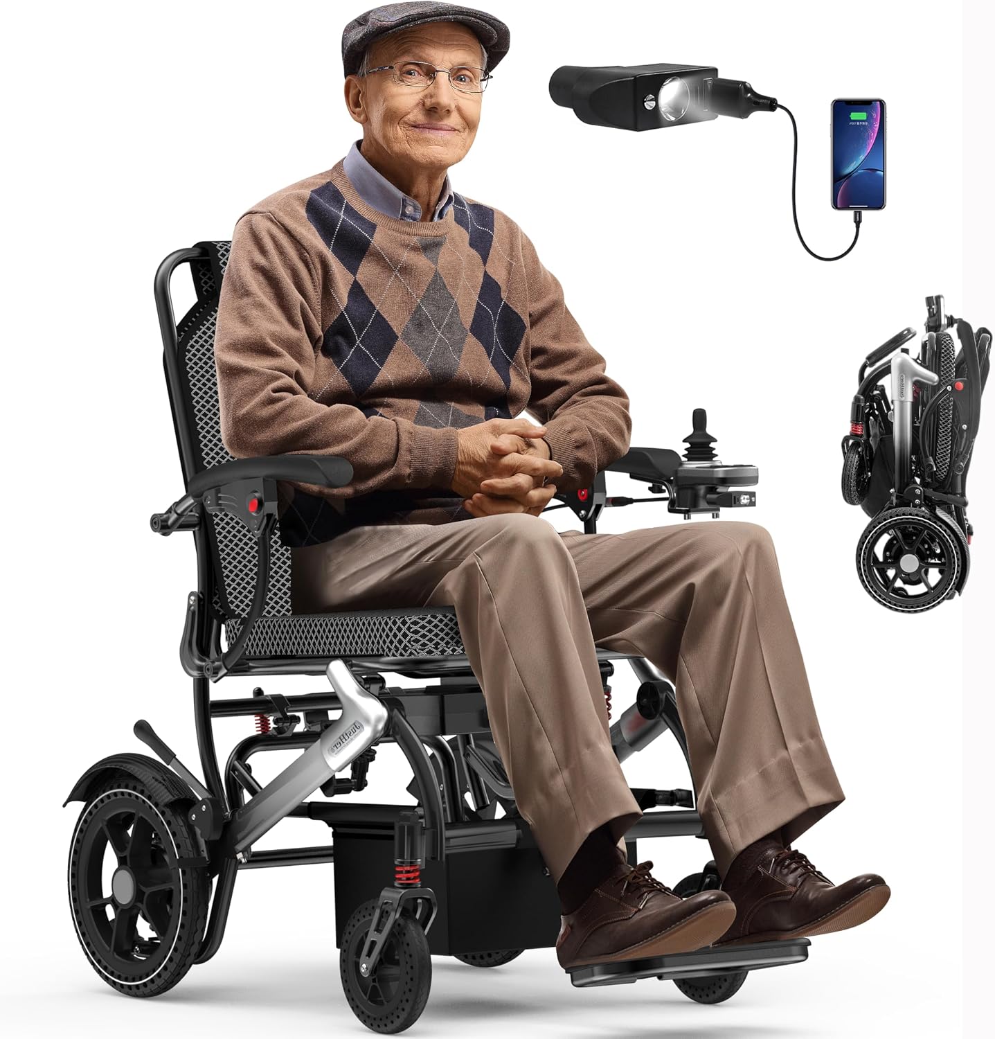 Electric Wheelchairs for Adults Foldable 36LBS Lightweight Frame,Airline Approval, 15 Miles Travel Range& 500W Brushless Motors Power Motorized for Seniors&Max Supports 350 LBS&LED Light-Silver Color