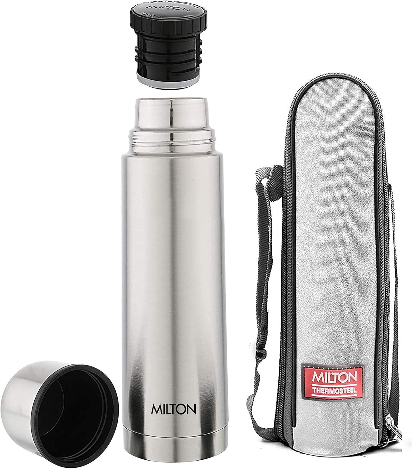 Milton Thermosteel Plain Lid 1000, Double Walled Vacuum Insulated Thermos 1000 ml 34 oz 1 Ltr 24 Hours Hot and Cold Water Bottle with Cover, Stainless Steel, BPA Free,Leak Proof Silver