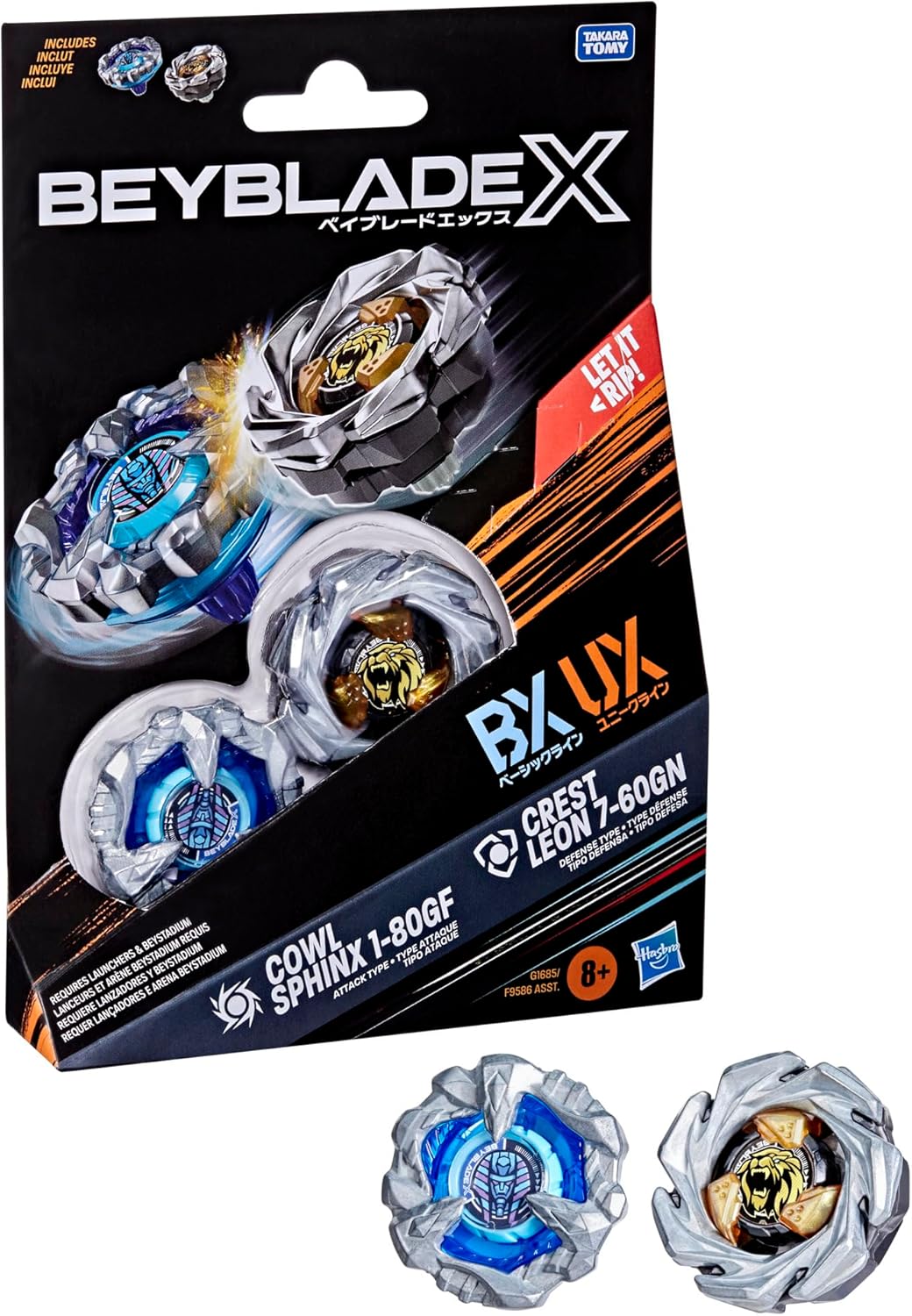 Beyblade X Cowl Sphinx 1-80GF BX & Crest Leon 7-60GN UX Dual Pack Set with 2 Right-Spinning Tops; Authentic Takara Tomy Battle Tops; Games/Toys for Boys & Girls 8+