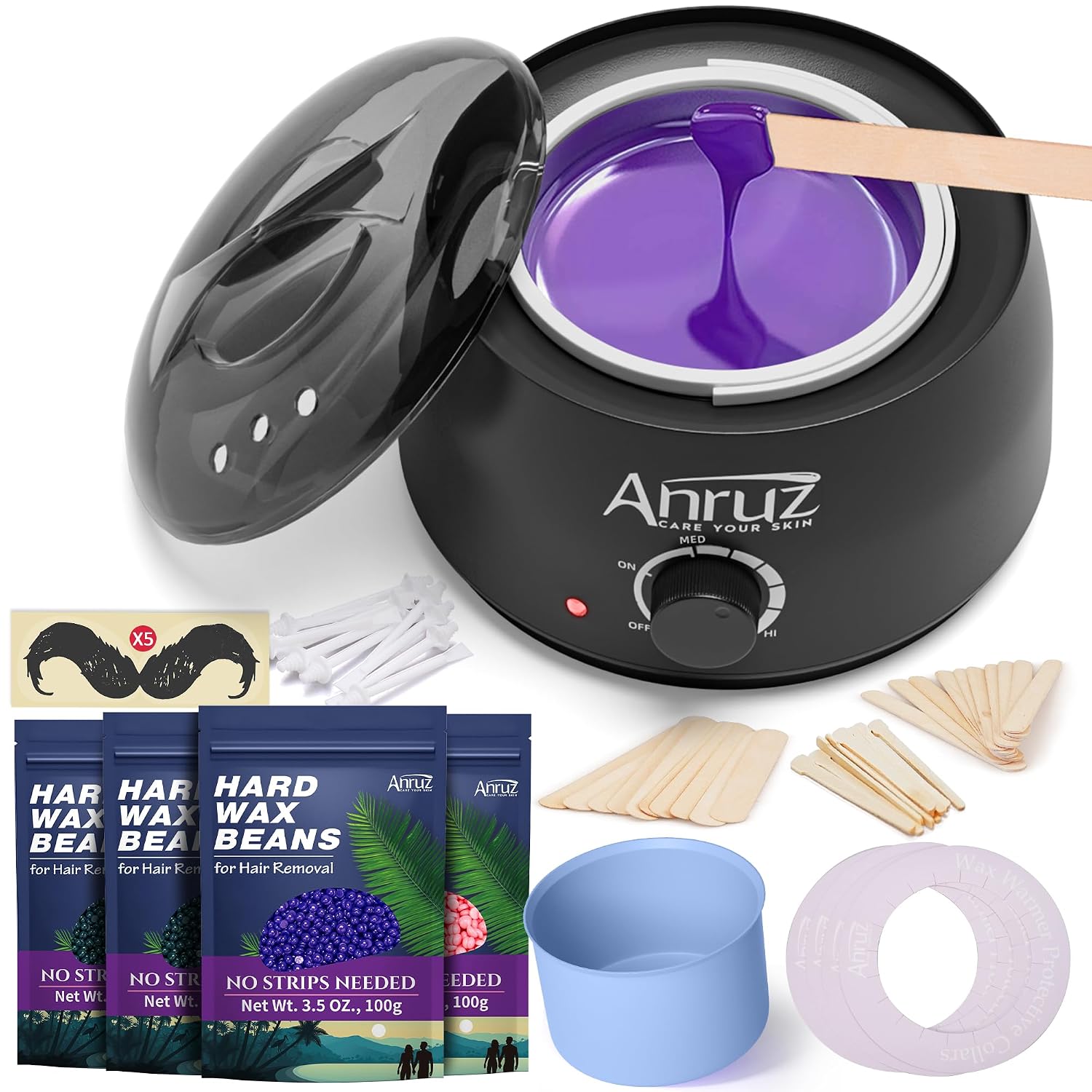 Anruz Waxing Kit for Women Men, Wax Pot Warmer Kit for Hair Removal