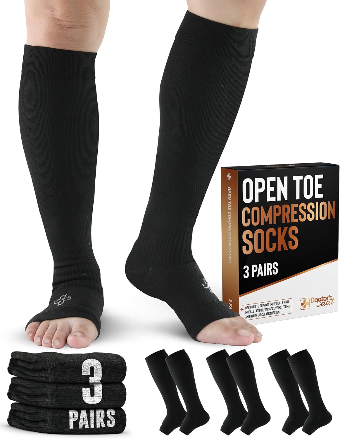 Doctor's Select 3 Pairs Copper Toeless Compression Socks for Men - 20-30 mmHg Open Toe Compression Socks Women, Toeless Socks, Knee High, Black