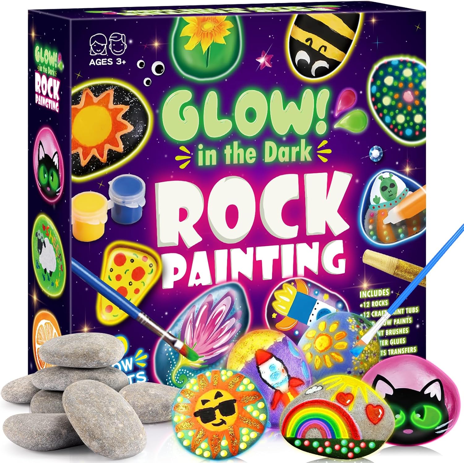 Glow Rock Painting Kit, Arts and Crafts for Kids Age 5 6 7 8 9 10 Toys for 6 7 8 9 10 Year Old Girls Craft Kits for Girls Boys Age 6-12 Glow in The Dark Painting Set for Kids 6-12 Birthday Gifts