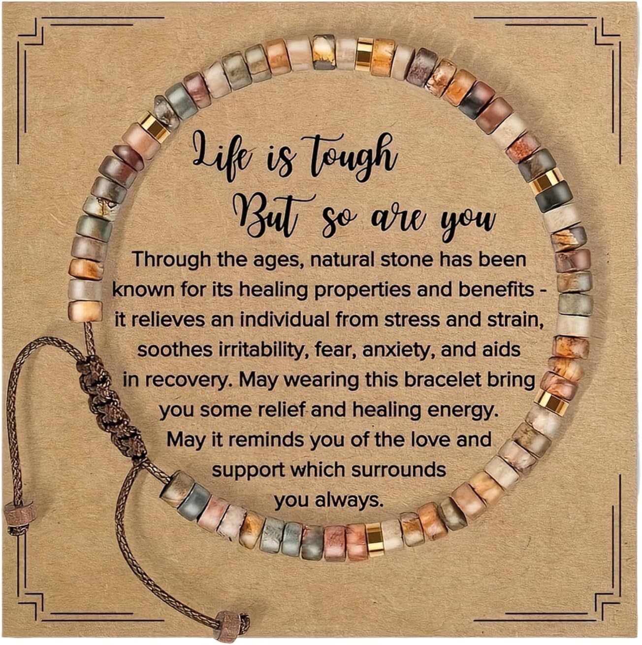 Inspirational Healing Stone Bracelet for Women - "Life is Tough But So Are You" Motivational Gift for Women Best Friends Sisters Girls - Get Well Soon Encouragement Sympathy and Recovery Gift