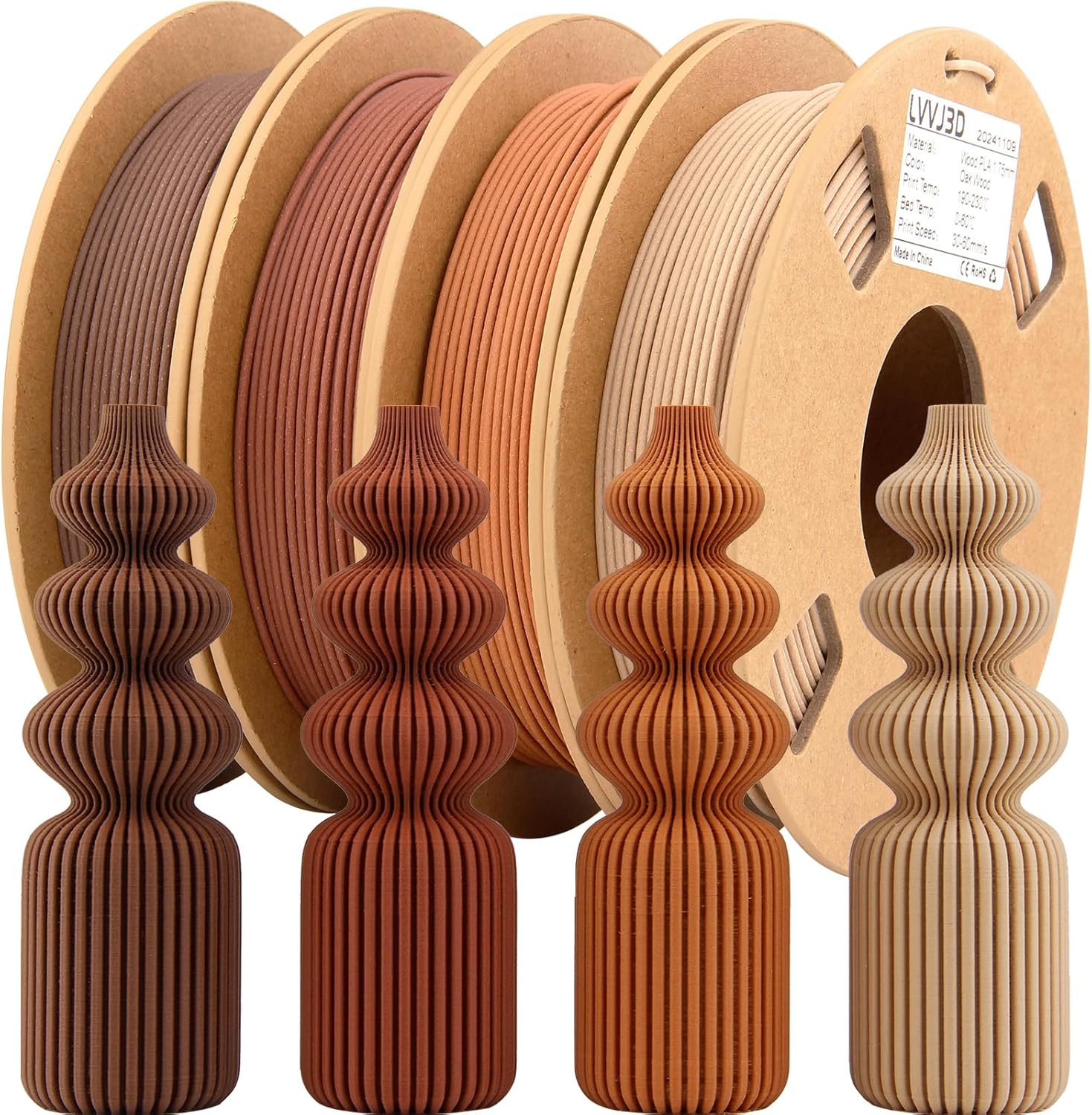 Wood Filament 1.75mm, 3D Printer Filament Bundle, Wood Filament with 30% Real Wood Fiber, Oak, Walnut, Cherry, Teak, 1.75 PLA Filament 3D Printing Filament, 200g X 4 Pack