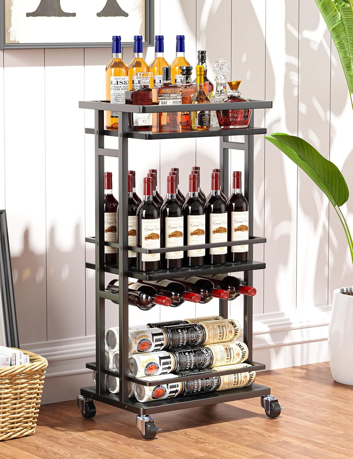 4-Tier Liquor Cabinet with Wine Rack, Mini Bar Cart for Home, Small Liquor Bar Cabinet for Alcohol, Rolling Kitchen Serving Cart on Wheels, Wine Drink Cart for Party, Bar Stand for Small Space