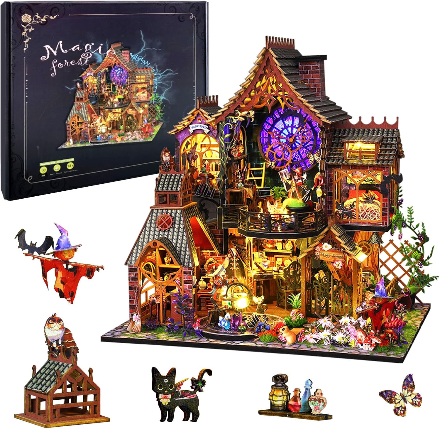 DIY Miniature House Kit Magic Forest, Mini Doll House Building Kit with LED Lights Furniture, Miniature Dollhouse Kit Wooden Crafts for Adults Teens Gifts