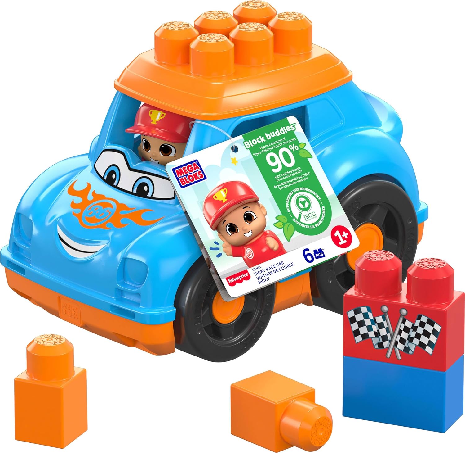 MEGA BLOKS Fisher-Price Toddler Building Blocks Toy Car, Ricky Race Car with 6 Pieces and Storage, 1 Figure, Blue, Gift Ideas for Kids Age 1+ Years, HKN41