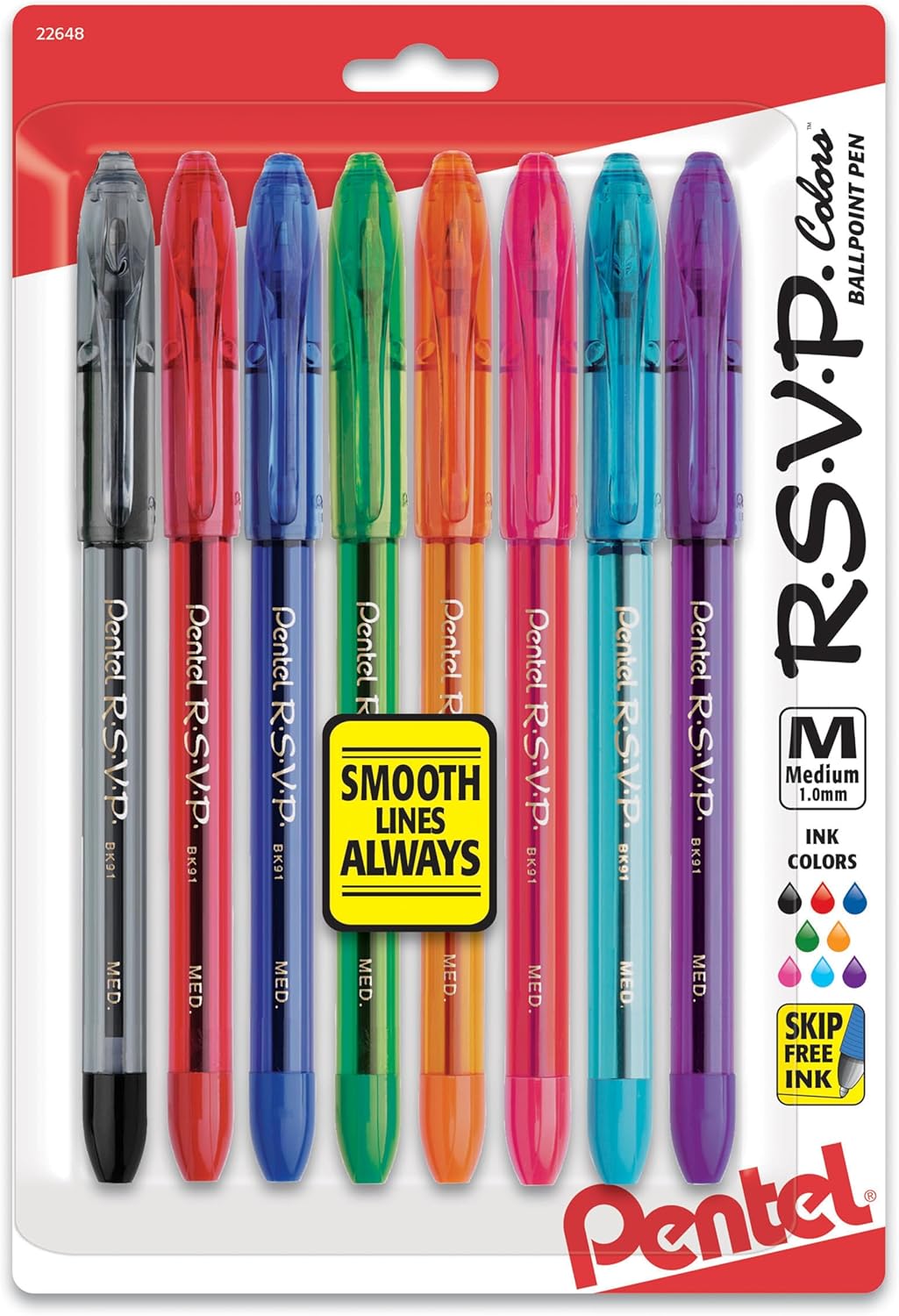Pentel BK91CRBP8M R.S.V.P. Stick Ballpoint Pen, 1mm, Assorted Barrel, Assorted Ink, 8/Set