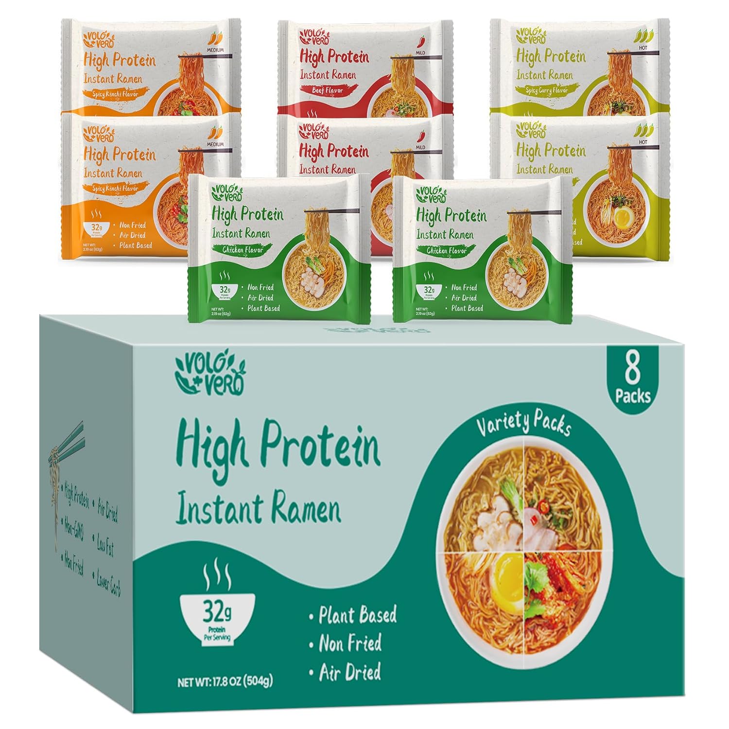 VOLO VERO Protein (32g) Ramen Variety Pack - Chicken, Spicy “Beef, Kimchi, Curry”, 8 Packs Instant High Protein Ramen Noodles Soup, Plant-Based, Non-Fried, Vegan, Low Fat, Egg & Dairy Free Healthy Meal