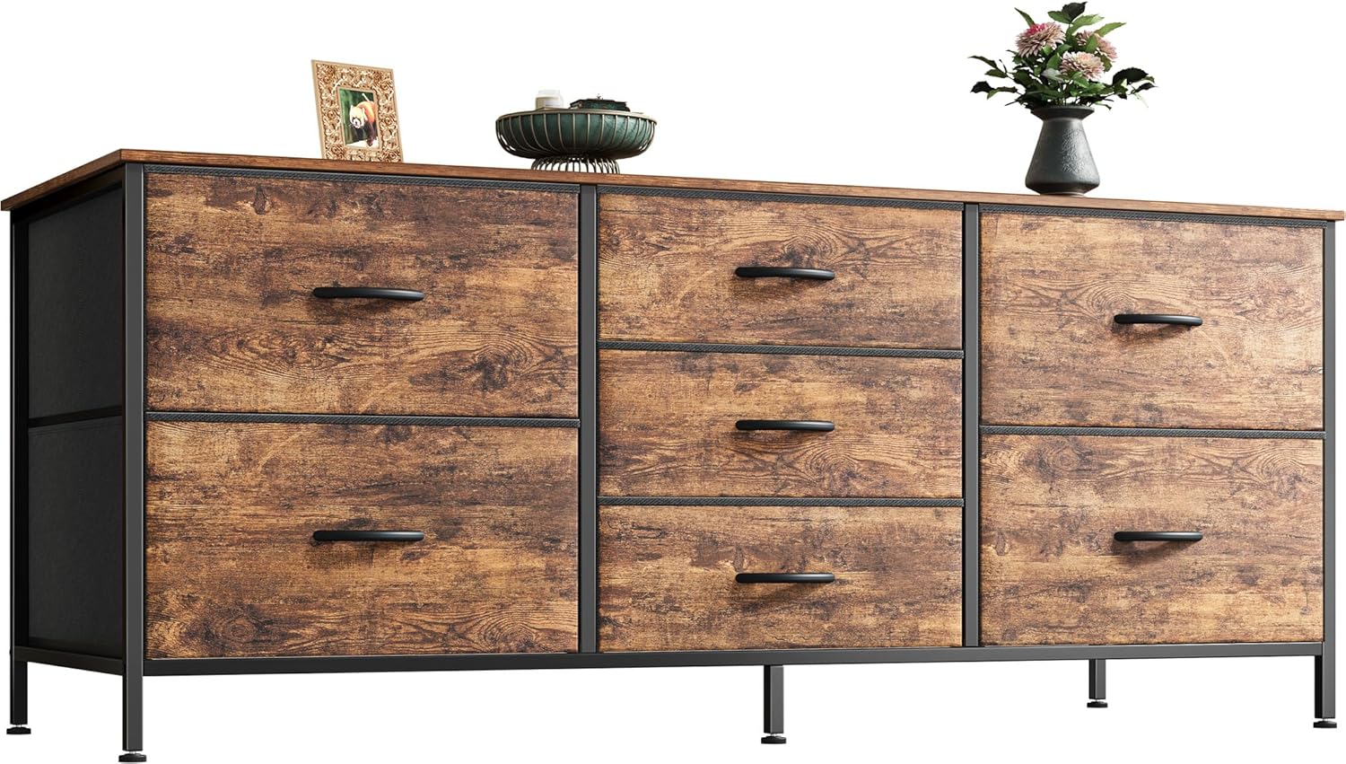Huuger Dresser with 7 Drawers, 47 Inch Dresser TV Stand for 43, 50, 55 Inch TV, Wide Fabric Dresser Chest of Drawers, Metal Frame, Storage Dresser for Bedroom, Nursery, Clothing, Rustic Brown